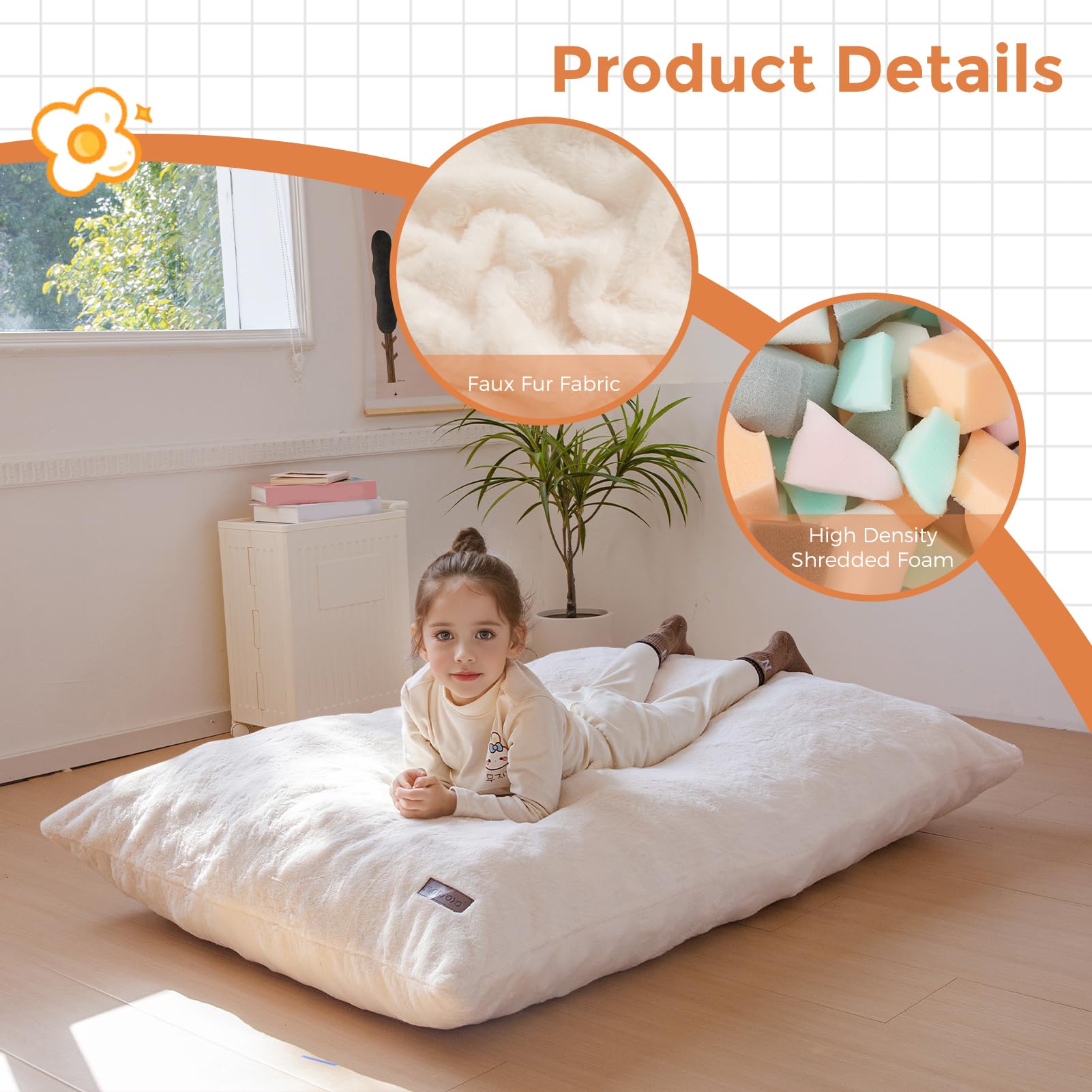 MAXYOYO 3-in-1 Kids Bean Bag Chair Bed - Soft Faux Fur Floor Sofa for Children, Gaming, Reading & Nap Time - Cozy Beige Lounge Chair for Bedroom, Playroom & Dorm Room