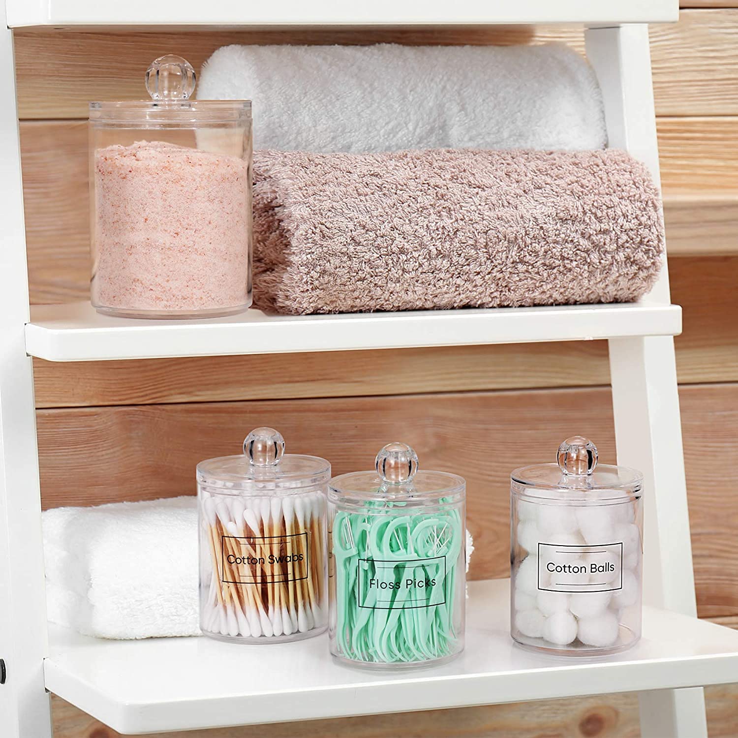 AOZITA 4-Pack Clear Plastic Apothecary Jars - 10 oz Cotton Ball Holder & Makeup Organizer for Bathroom Vanity, Cotton Pads, Swabs, Round Pads & Dental Floss Storage - Perfect for Home, Salon & Spa Organization