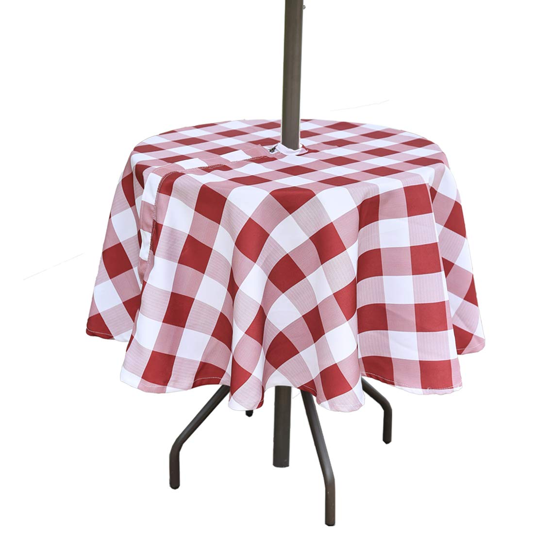 52” Burgundy Red Check Outdoor Round Tablecloth with Umbrella Hole Zipper - Waterproof Picnic Table Cover for Spring Summer Patio, Garden, and Backyard Dining
