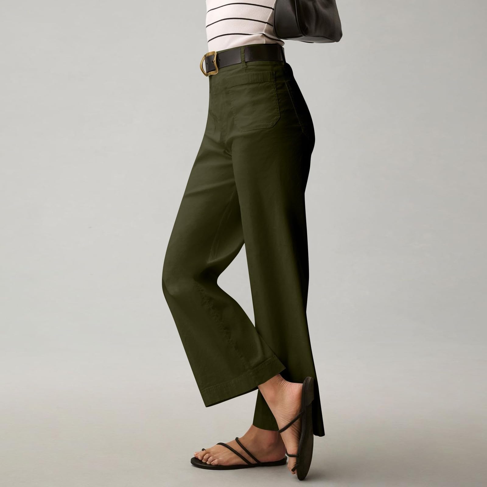 2024 Women's Stretch Twill Cropped Wide Leg Jeans with Pockets - Straight Leg Chino Pants for Casual Wear | Y2K Style Ankle Pants for Work, Weekend & Street Fashion