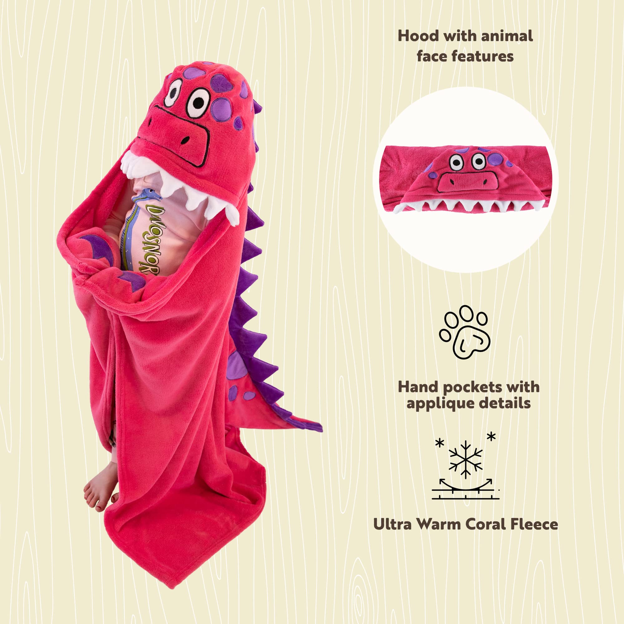 Kids Wearable Hooded Blanket - Soft Pink Dinosaur Animal Snuggie for Boys & Girls | Cozy Lounge Wear for Movie Nights, Camping & Sleepovers