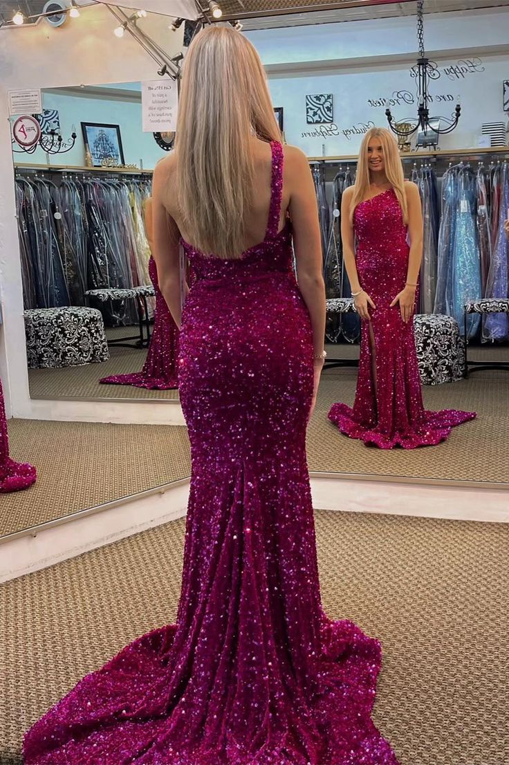 Fuchsia Sequin One Shoulder Mermaid Long Prom Dress with High Slit - Elegant Evening Gown for Homecoming, Pageant, and Formal Events - J4258