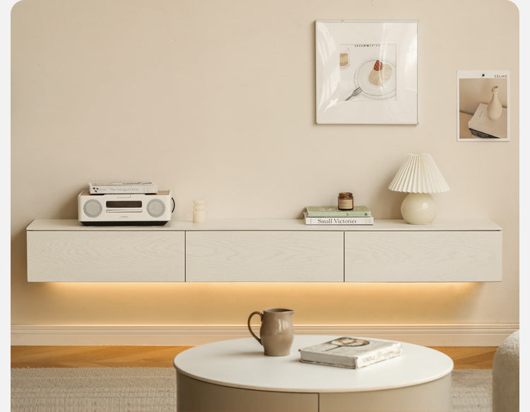 White Cream Oak Solid Wood Floating TV Stand - Modern Suspension TV Cabinet for Living Room, Bedroom & Home Theater Setup
