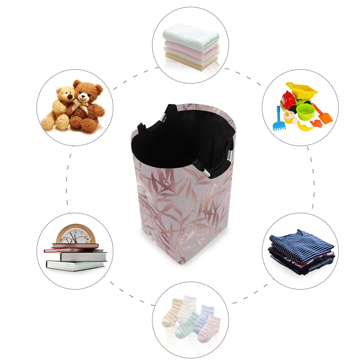 Rose Gold Leaves Foldable Laundry Bag with Handles - Collapsible Laundry Hamper Basket for Bathroom & Laundry Room Organization, Storage & Decor - Perfect for Dorm, Travel & Home Use