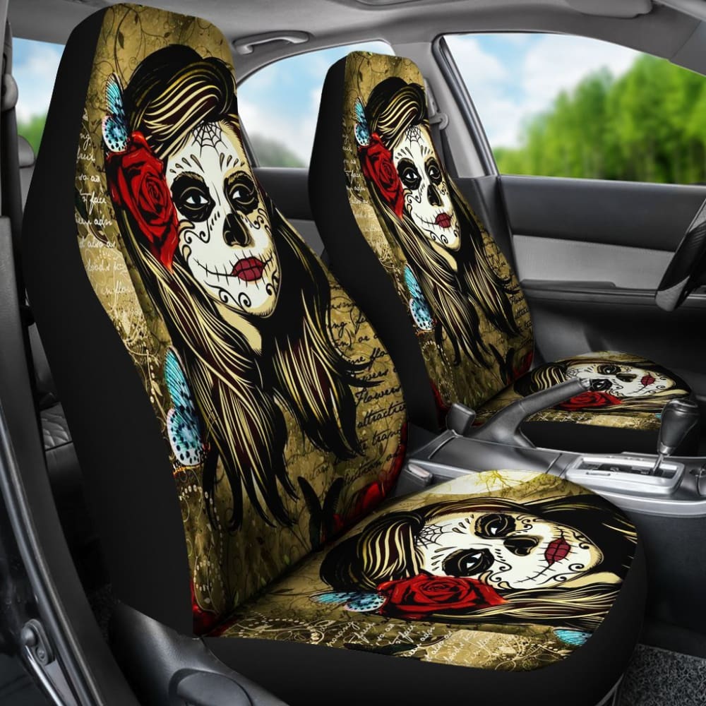 2 Pcs Sugar Skull Girl Car Seat Covers - Gothic Decor for Halloween, Day of the Dead - Perfect for Car, Truck, Office Chair & Home Decor