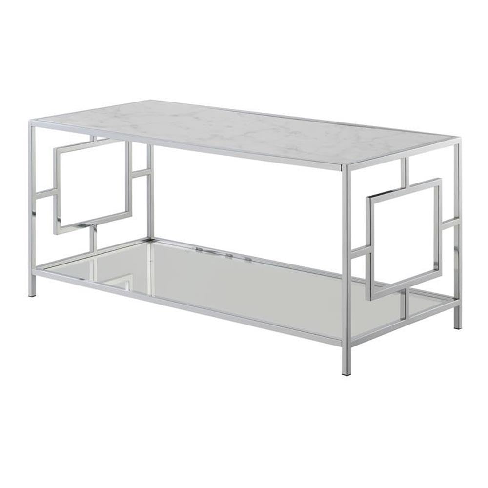 Modern Chrome Glass Coffee Table with White Faux Marble Top - Stylish Living Room Centerpiece for Home & Office Decor