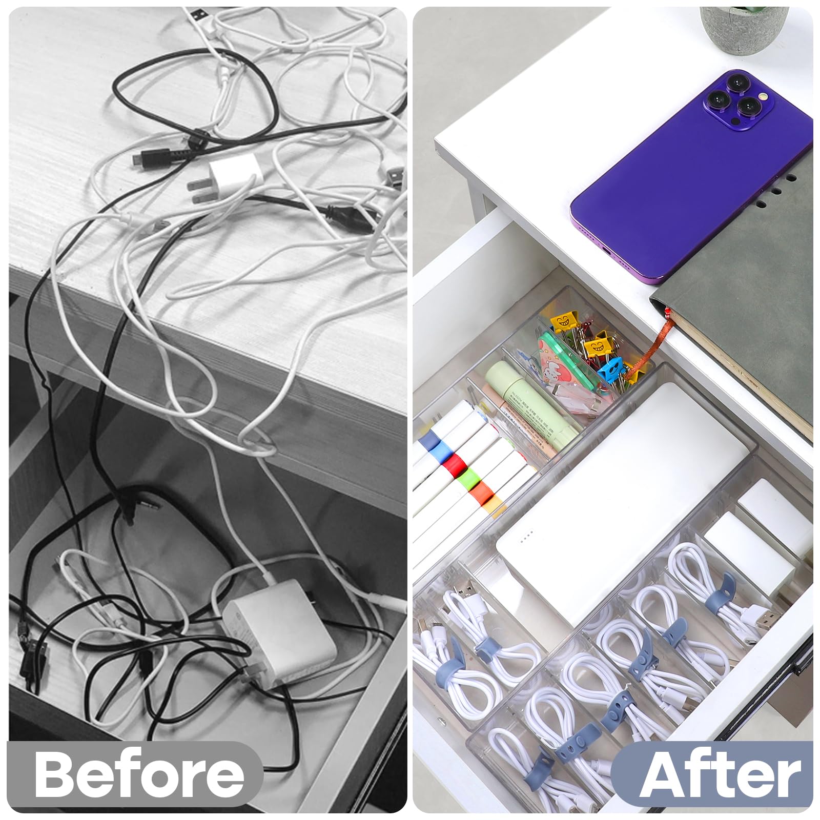 4-Pack Clear Plastic Cord Organizer Box with 32 Cable Ties & 8 Adjustable Dividers - Cable Management Solution for Home Office, Desk Drawer, Electronics Storage - Perfect for Organizing Chargers, Wires, and Small Accessories