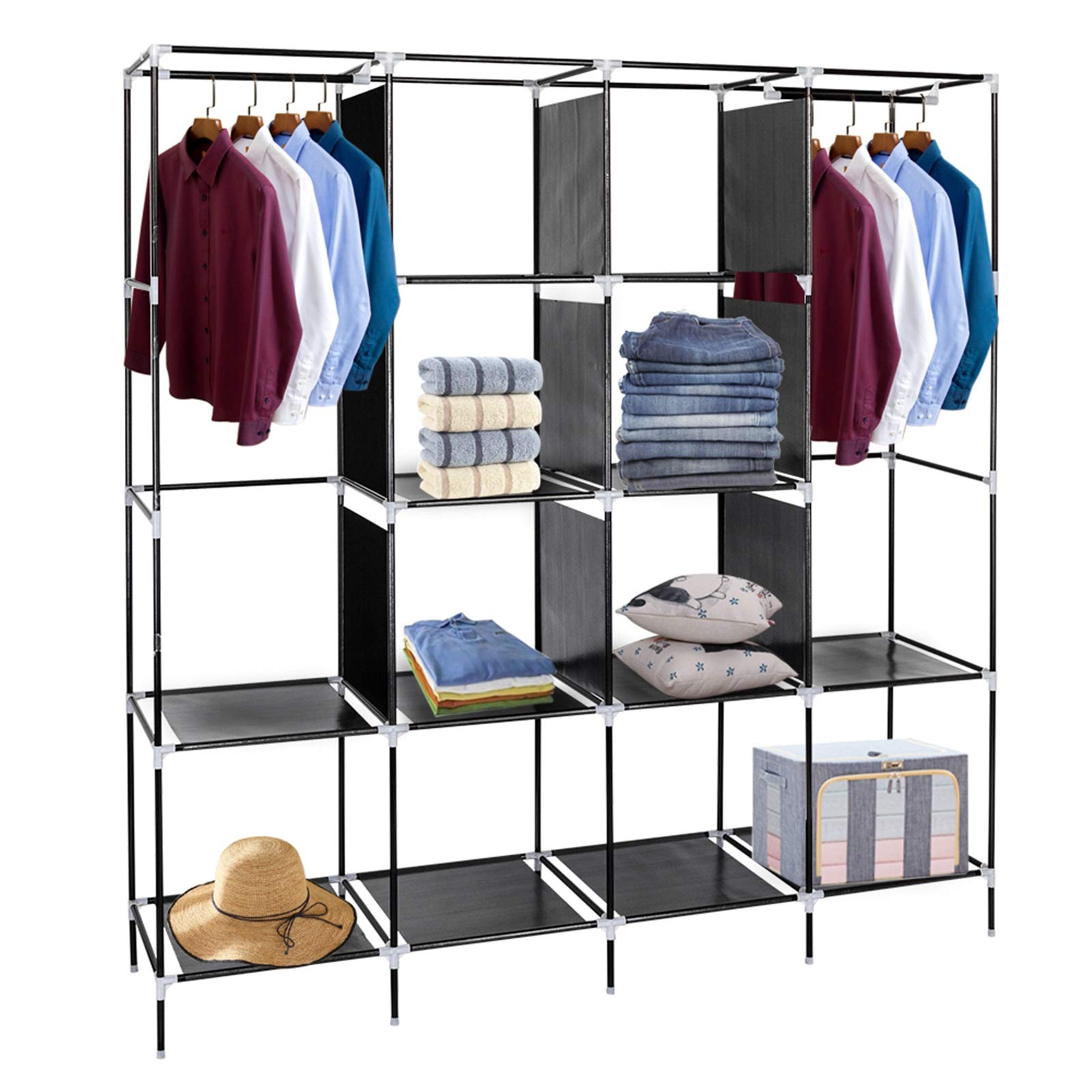 Portable Wardrobe Closet Organizer with 4 Side Pockets & 12 Shelves - Dustproof Zippered Non-Woven Fabric Cover - 66.75