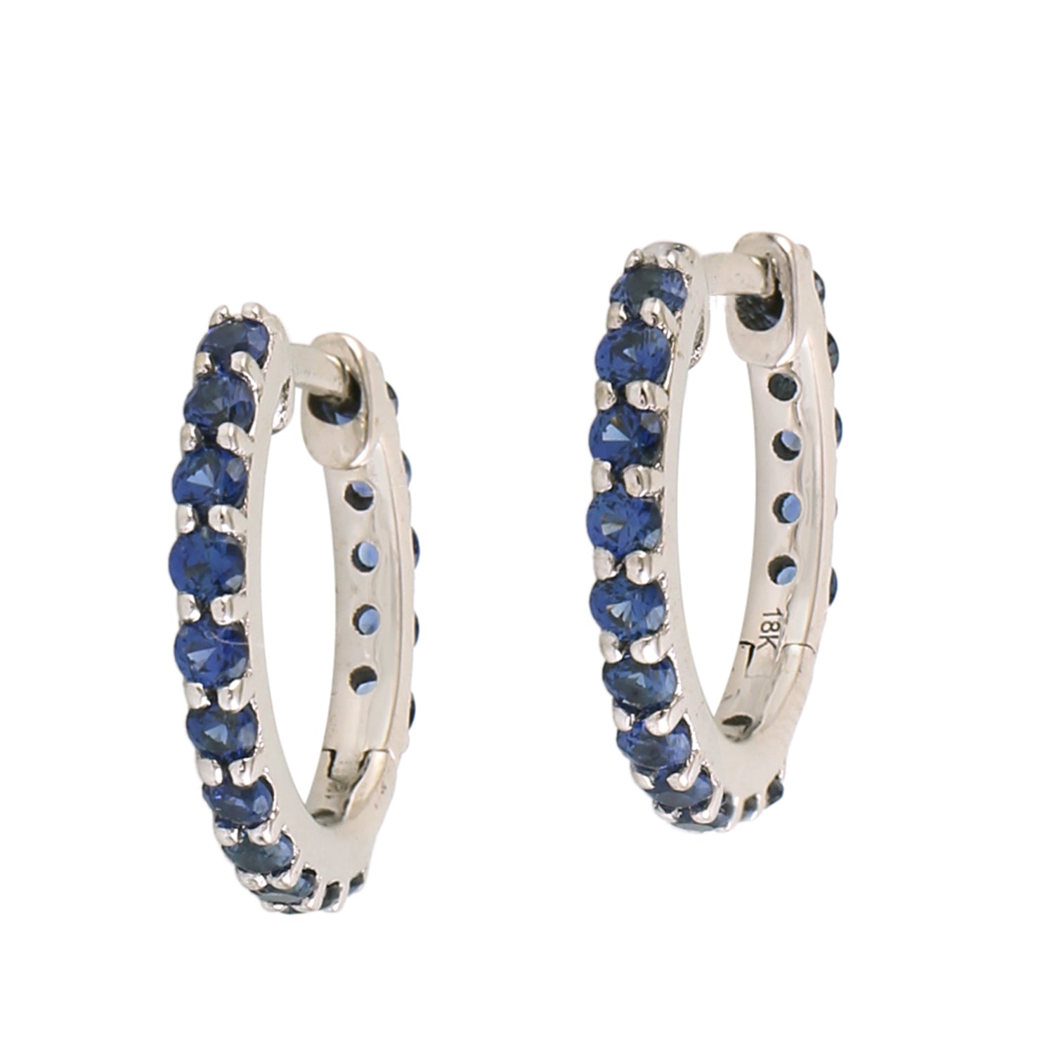 Blue Sapphire Gemstone Pave Eternity Huggie Earrings in 18K White Gold - Elegant Everyday Jewelry for Women, Perfect for Weddings, Anniversaries & Special Occasions