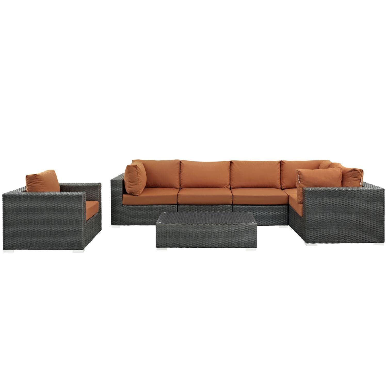 Modway Sojourn 7-Piece Outdoor Patio Sectional Set - Wicker Rattan Furniture with Sunbrella Canvas Cushions in Tuscan Beige - Perfect for Backyard, Garden, and Poolside Relaxation