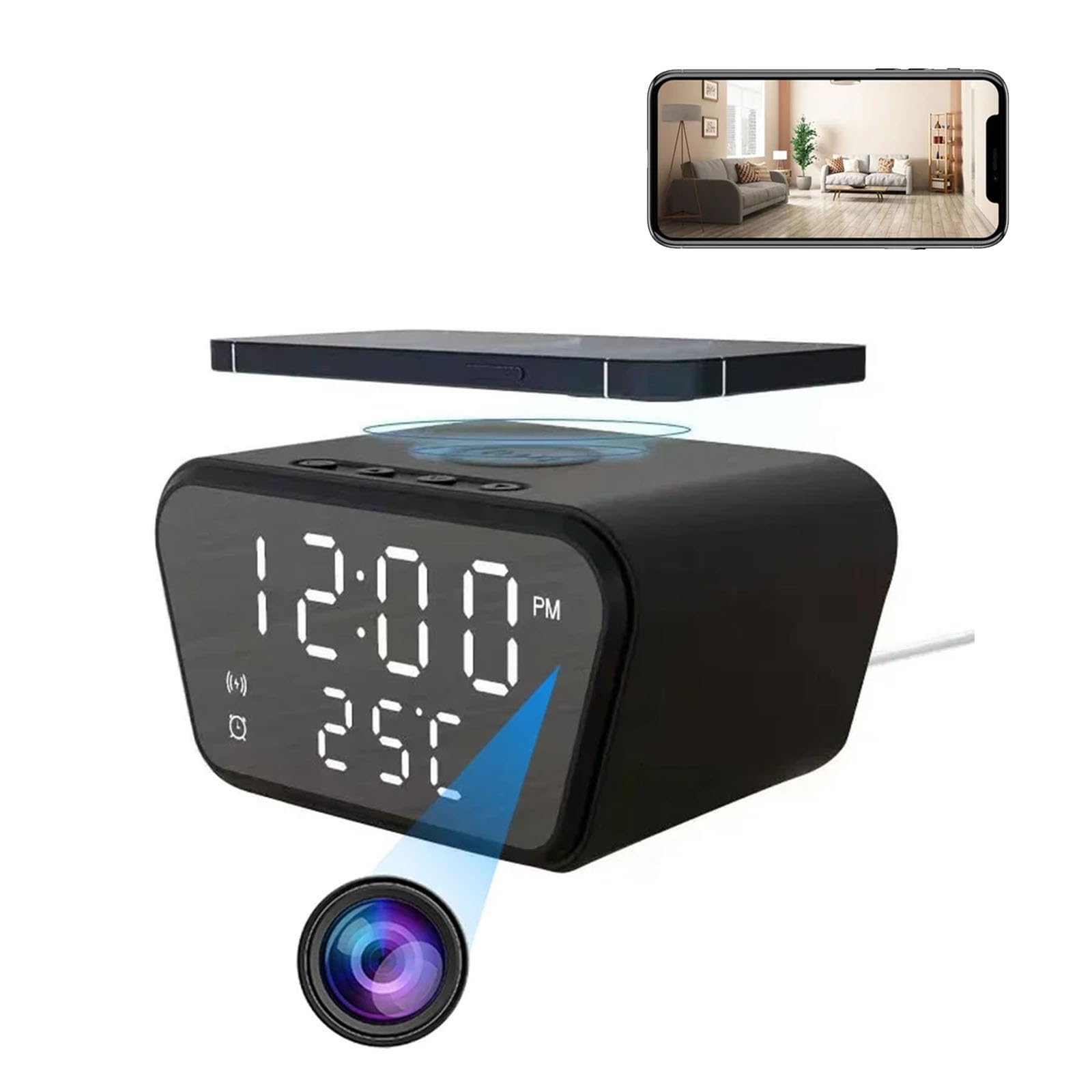 FKINGLRK Multifunctional LED Digital Alarm Clock with Wireless Charger & 1080P HD Indoor Surveillance Camera - Night Vision, Temperature Monitoring, Motion Detection for Home, Office, and Baby Room Security