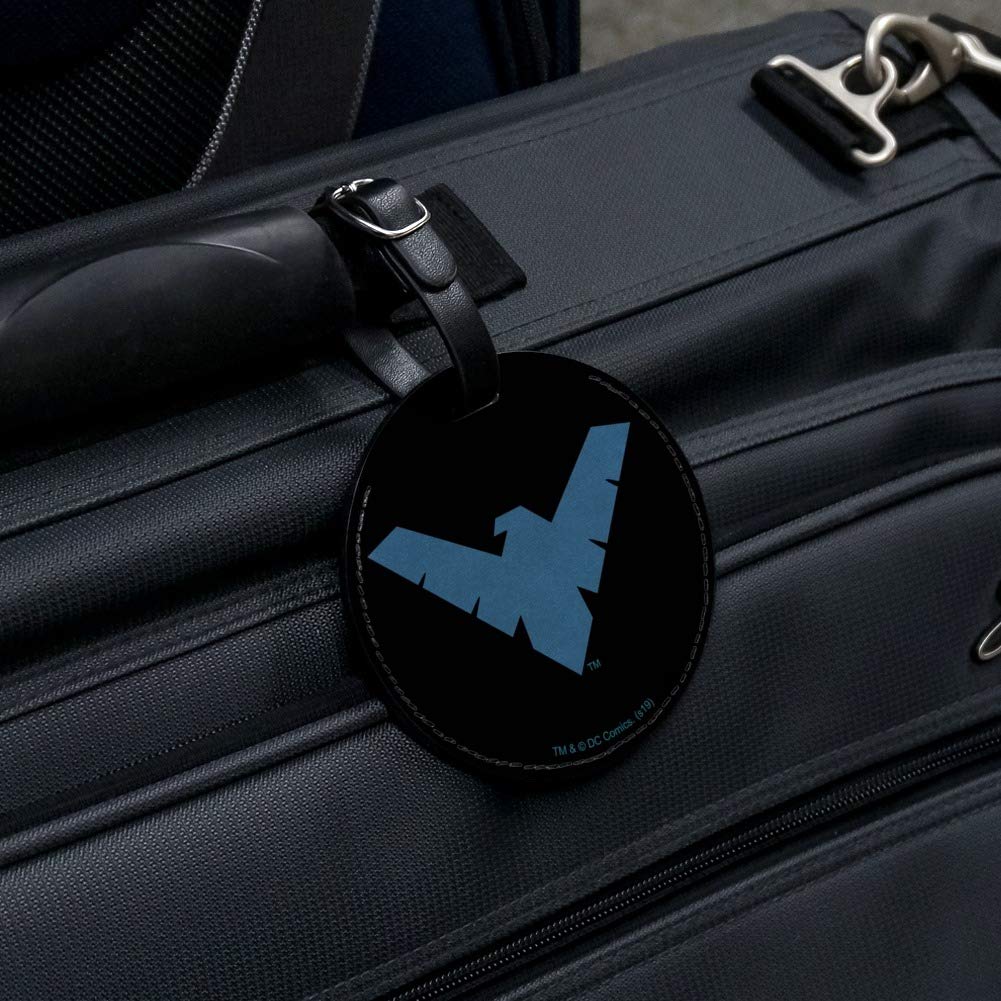 Batman Nightwing Logo Round Leather Luggage Tag - Durable Suitcase ID Tag for Travel Bags & Carry-Ons - Perfect for Cosplay, Comic Con & Superhero Fans
