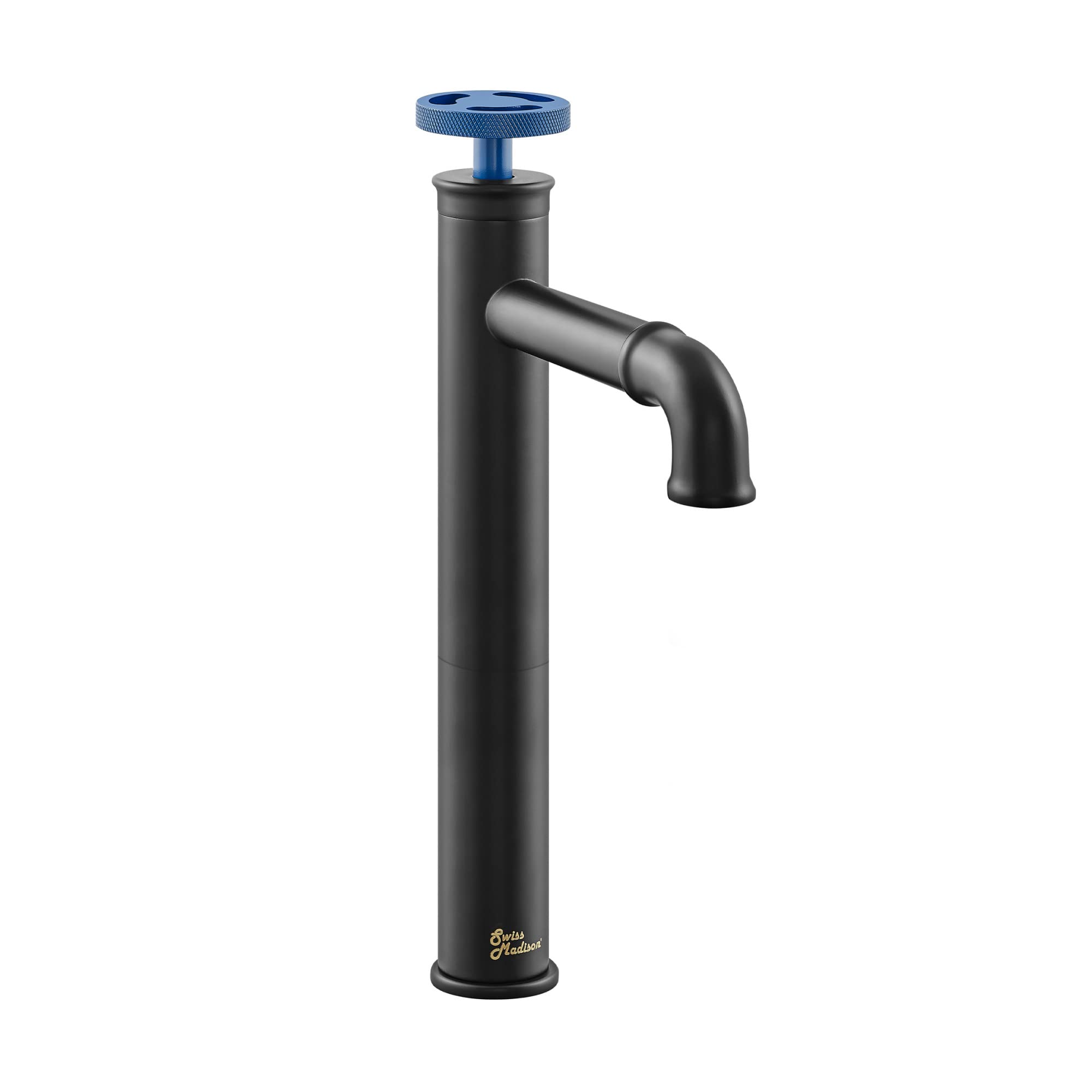 Avallon Matte Black Single Hole Single Handle High Arc Bathroom Sink Faucet with Blue Handles - Modern Waterfall Spout for Bathroom Vanity & Powder Room Upgrade