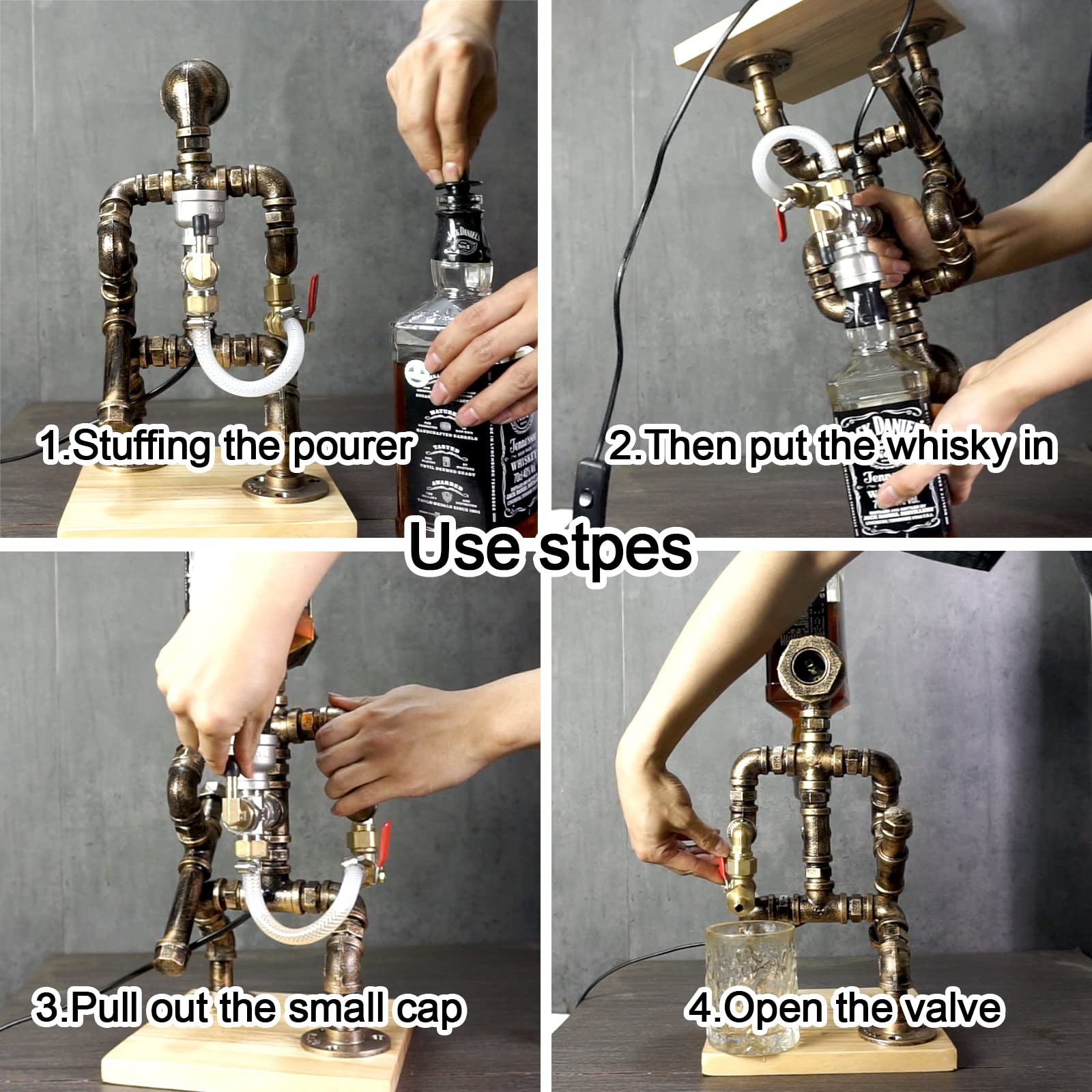 Steampunk Whiskey Liquor Dispenser with Wooden Base - Industrial Table Lamp & Fireman Pipe Robot Decor for Home Bar, Restaurant, Cafe - Unique Man Cave & Rustic Style Gift for Men - Perfect for Art Parties, Themed Events & Vintage Decor