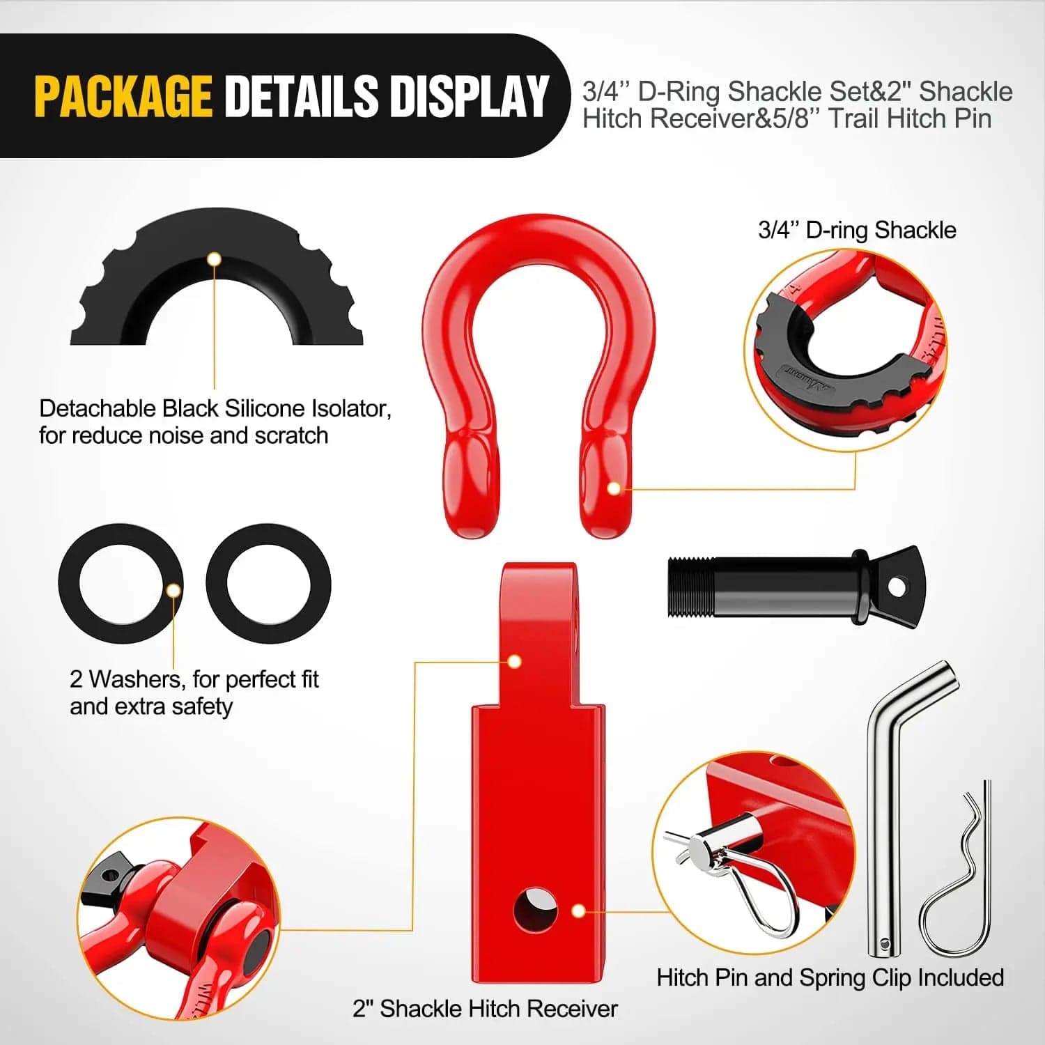 2 Inch Shackle Hitch Receiver with 3/4 Inch D Ring Kit - Heavy Duty Red Tow Hook for Off-Road Trucks, Trailers & Jeep Recovery Accessories (Perfect for Towing, Winching & Off-Road Adventures)