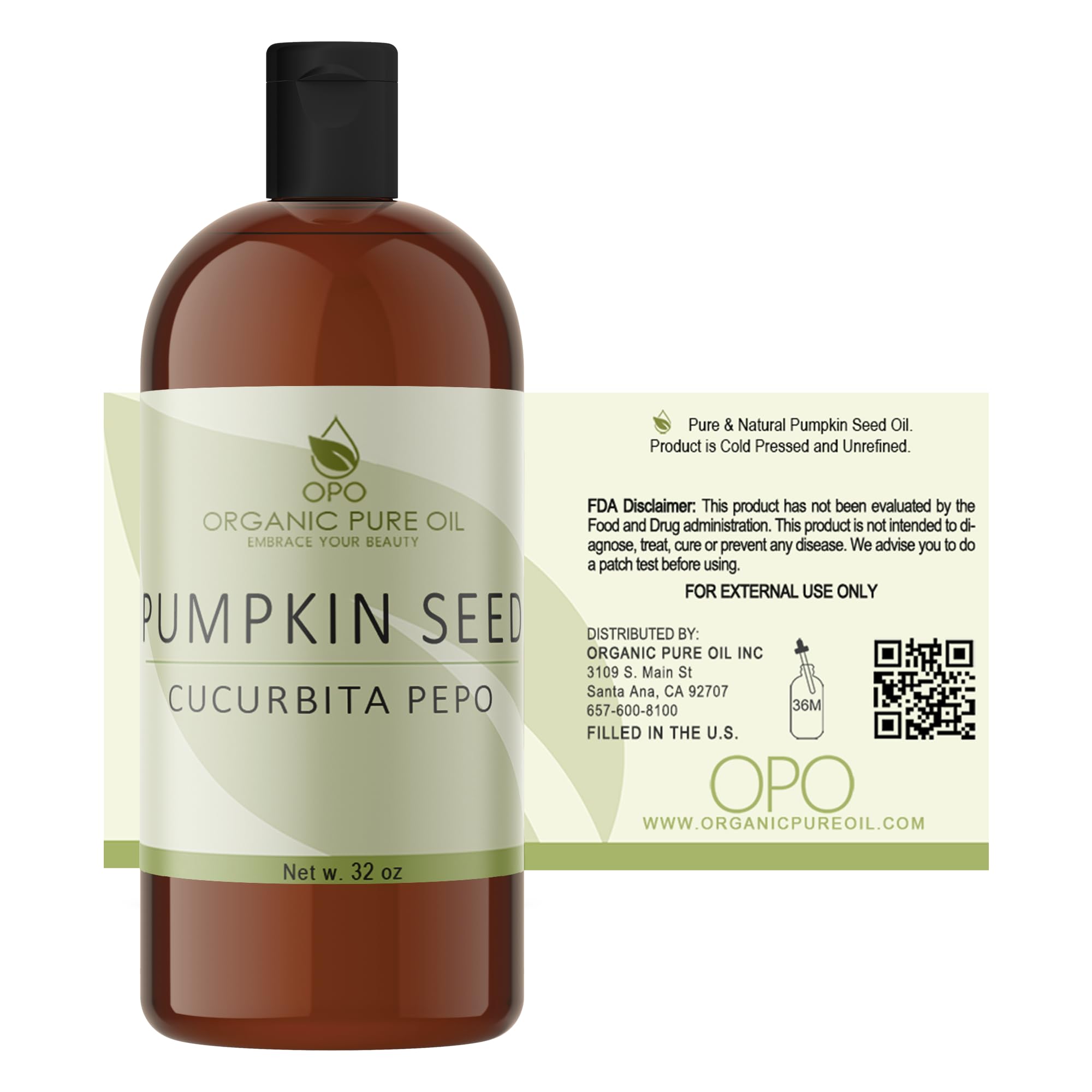 Organic Pumpkin Seed Oil - 32oz Cold Pressed, Unrefined, Non-GMO - Pure Natural Hair & Skin Care Treatment for Hydration & Nourishment - Perfect for Scalp Massage, Facial Moisturizer, DIY Beauty Recipes - Packaging May Vary