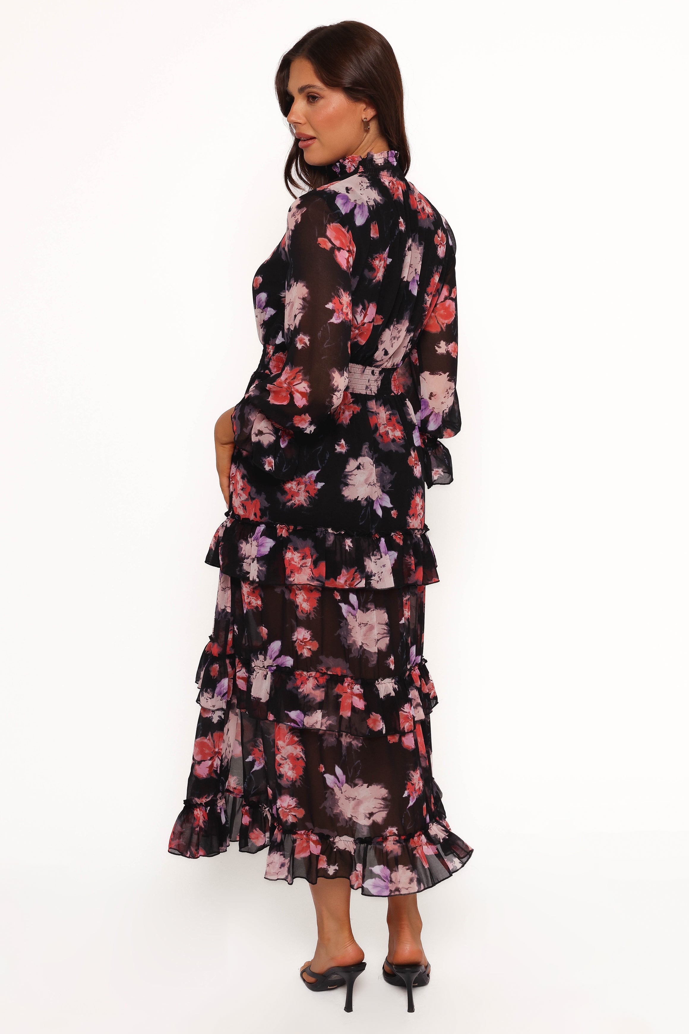 Isadora Long Sleeve Maxi Dress - Black Blurred Floral Print Women's Elegant Evening Gown for Parties, Weddings & Special Occasions
