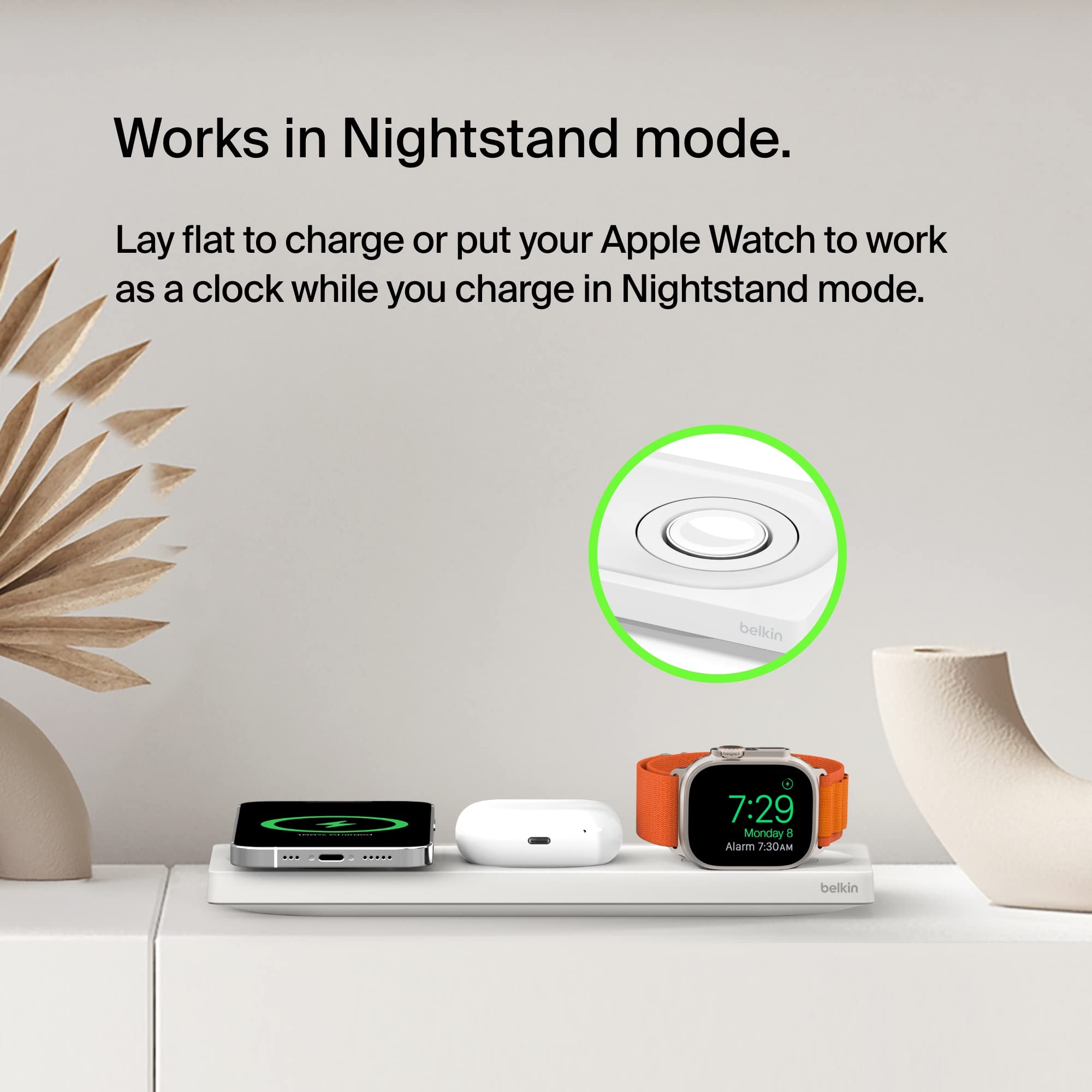 Belkin 3-in-1 MagSafe Wireless Charging Station - MFi Certified Fast Charger for iPhone 16/15/14/13/12 Series, Apple Watch 10/9/8/7/SE/Ultra, AirPods Pro/2/3 - Compact Travel Charging Pad for Home, Office & Nightstand Use