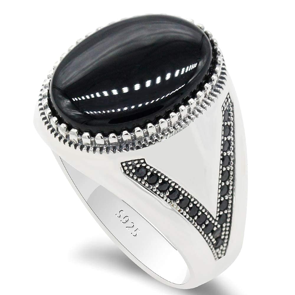 Men's S925 Sterling Silver Oval Agate Ring with Black Onyx & CZ Stones | Turkish Handmade Jewelry | Elegant Fashion Statement for Weddings, Parties & Daily Wear