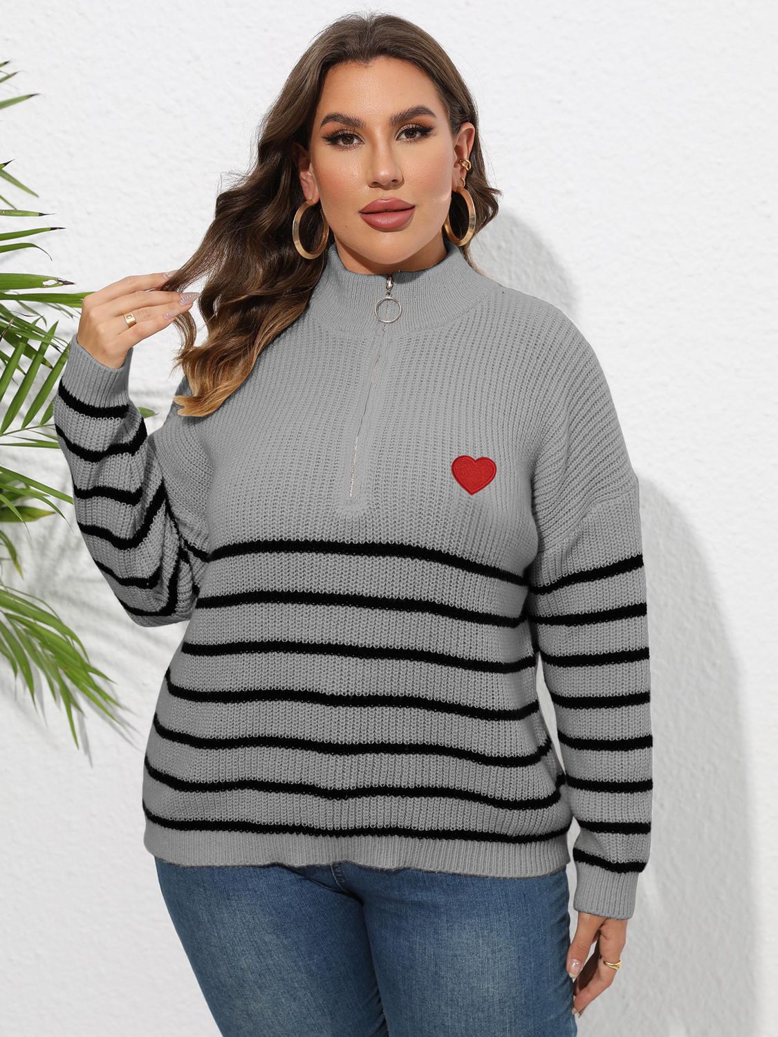 Plus Size Striped Zip Up Sweater for Women - Cozy & Stylish Pullover for Casual Outings, Work & Fall Fashion