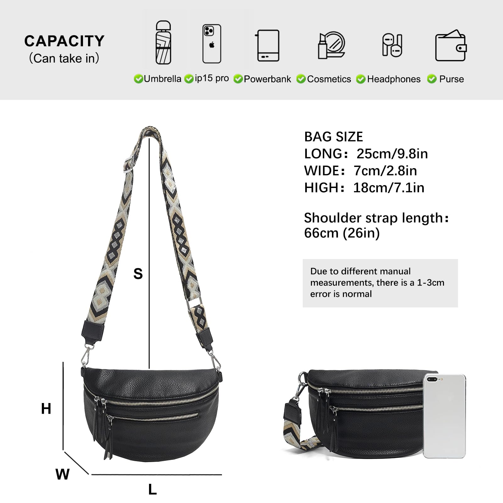Women's Vegan Leather Crossbody Fanny Pack - Sling Bag with Coin Purse, Waist Bum Bag for Travel, Gym & Outdoor Activities (Black)
