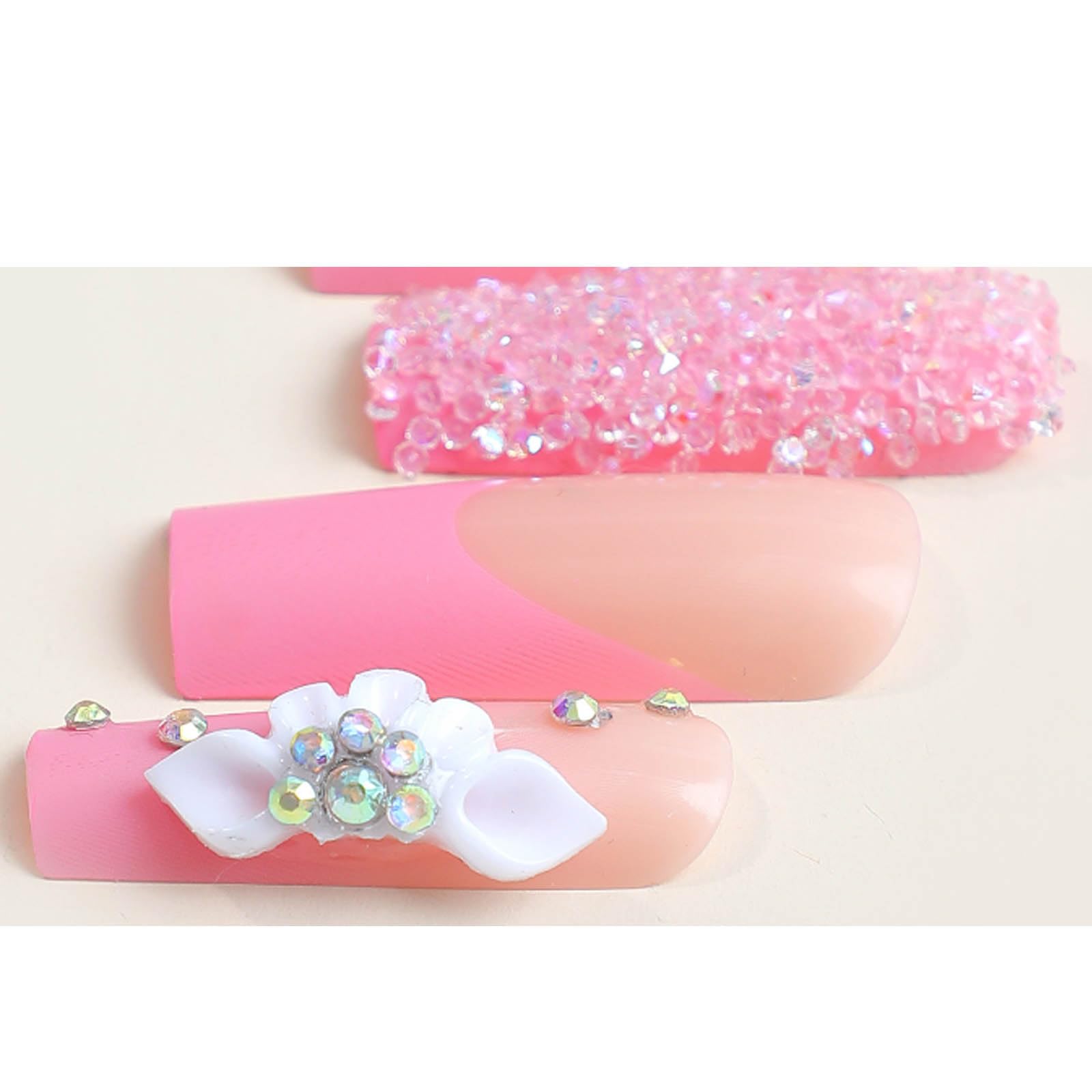 24PCS Long Square Press on Nails - Pink Gradient Acrylic Fake Nails with Bling Flower Designs, Full Cover Artificial Nails for Women & Girls - Perfect for Parties, Weddings & Special Occasions