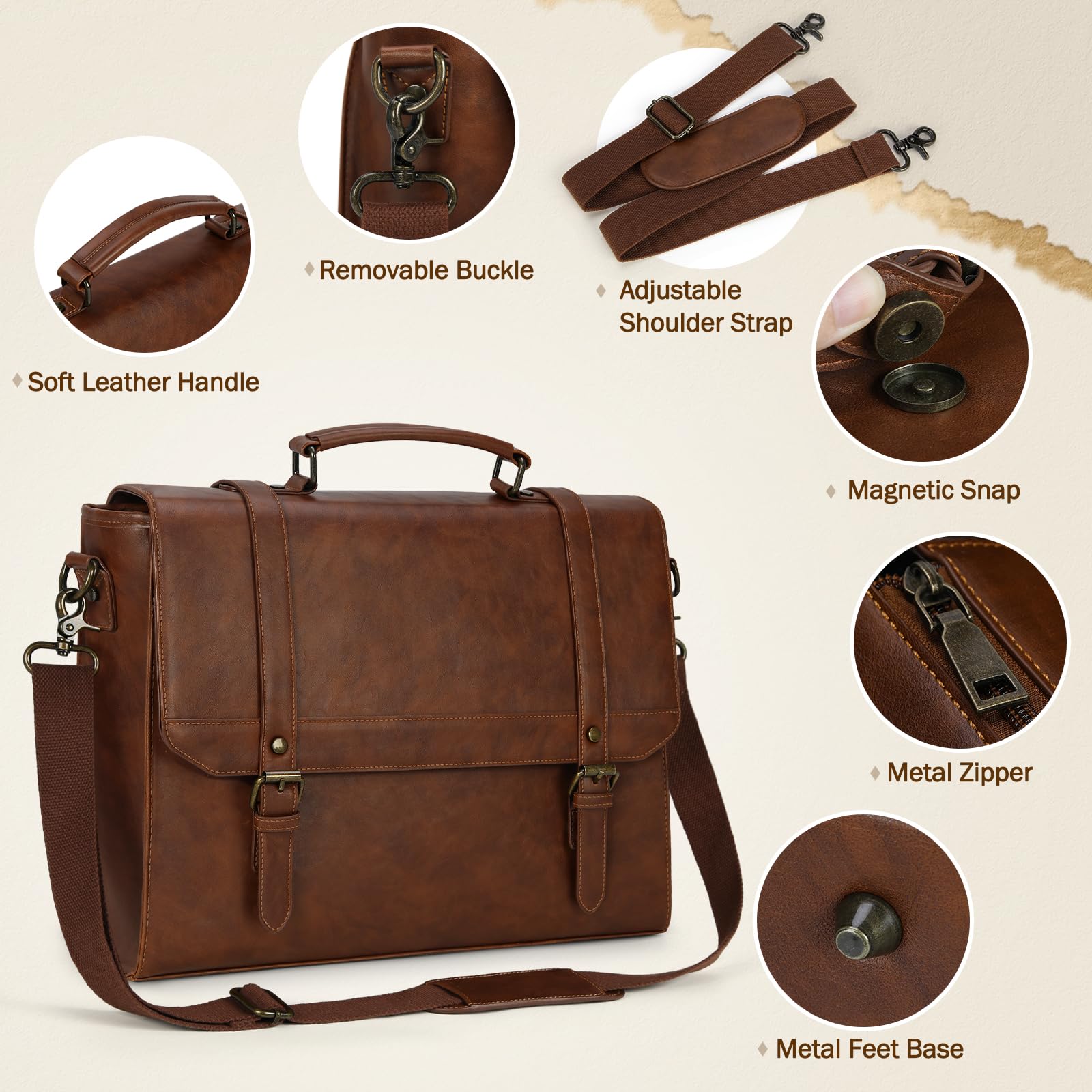 IGOLUMON Vintage Leather Messenger Bag for Men - 15.6 Inch Waterproof Laptop Briefcase, Retro Satchel Shoulder Bag for Office, Business, Travel, College, and Everyday Use, Brown