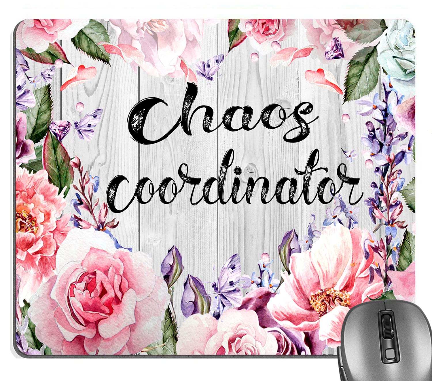 Funny Chaos Coordinator Mouse Pad - Vintage Pink Floral with Blue Butterflies Design for Office & Home Decor - Non-Slip Computer Laptop Mousepad (White Grey Wood Grain Pattern) - Perfect for Work Desks, Gaming Setups & Home Offices