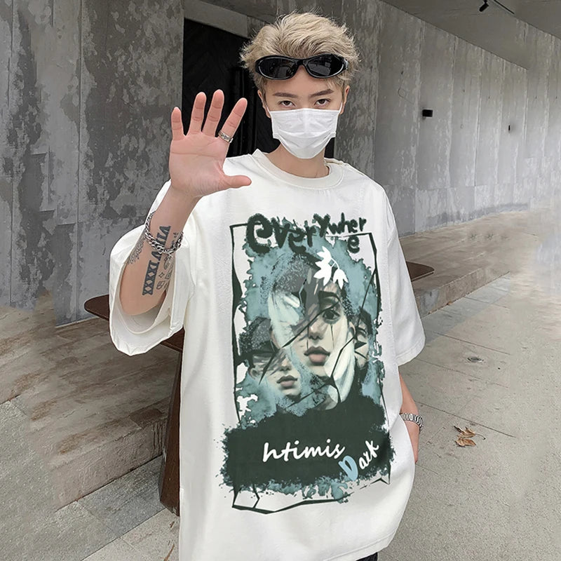 American Style Men's T-Shirts with Shoulder Pads & Cartoon Print - Round Neck Short Sleeve Casual Tees for Men | Trendy Streetwear for Everyday Wear, Parties, and Outings