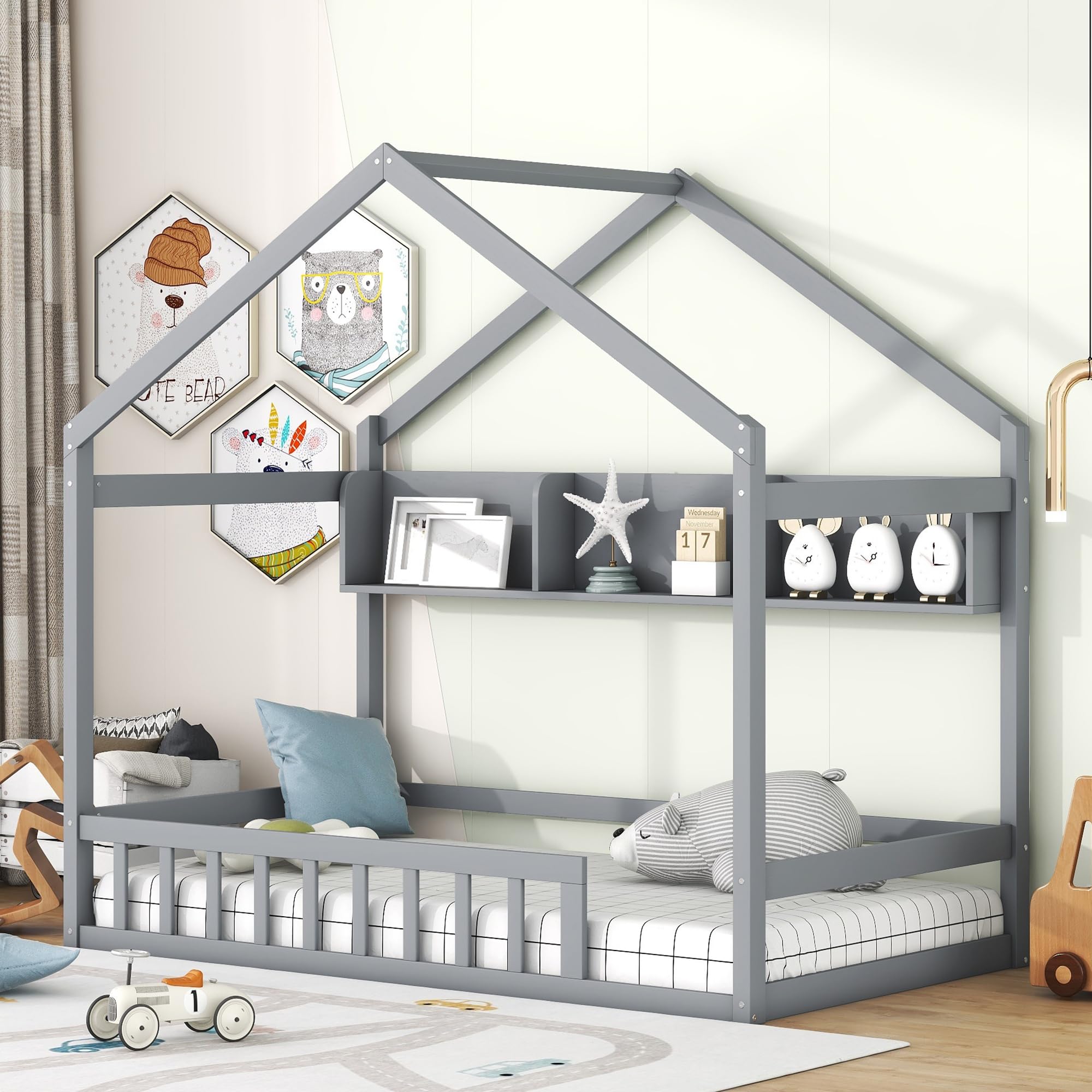 **CJLMN Twin Size Wooden House-Shaped Playhouse Bed Frame with Storage Shelf, Pitched Roof & Guardrails - Gray Kids Bedroom Furniture for Toddlers & Children | Perfect for Playrooms, Bedrooms & Montessori Spaces**