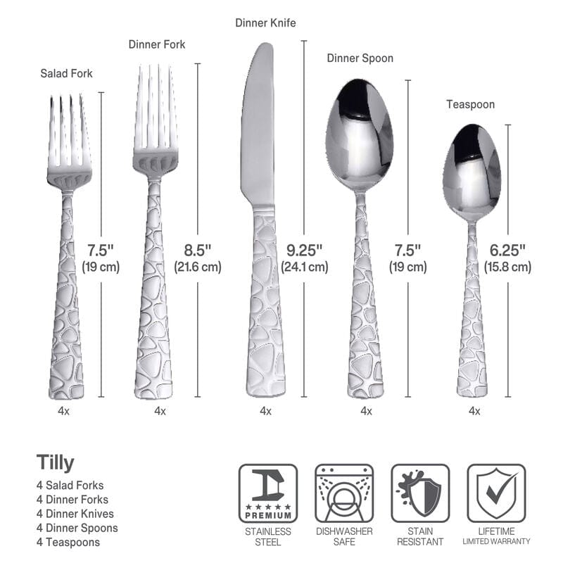 Premium Tilly 20-Piece Stainless Steel Flatware Set - Service for 4 - Elegant Silverware for Dining, Kitchen & Entertaining - Dishwasher Safe Cutlery Set for Everyday Use & Special Occasions
