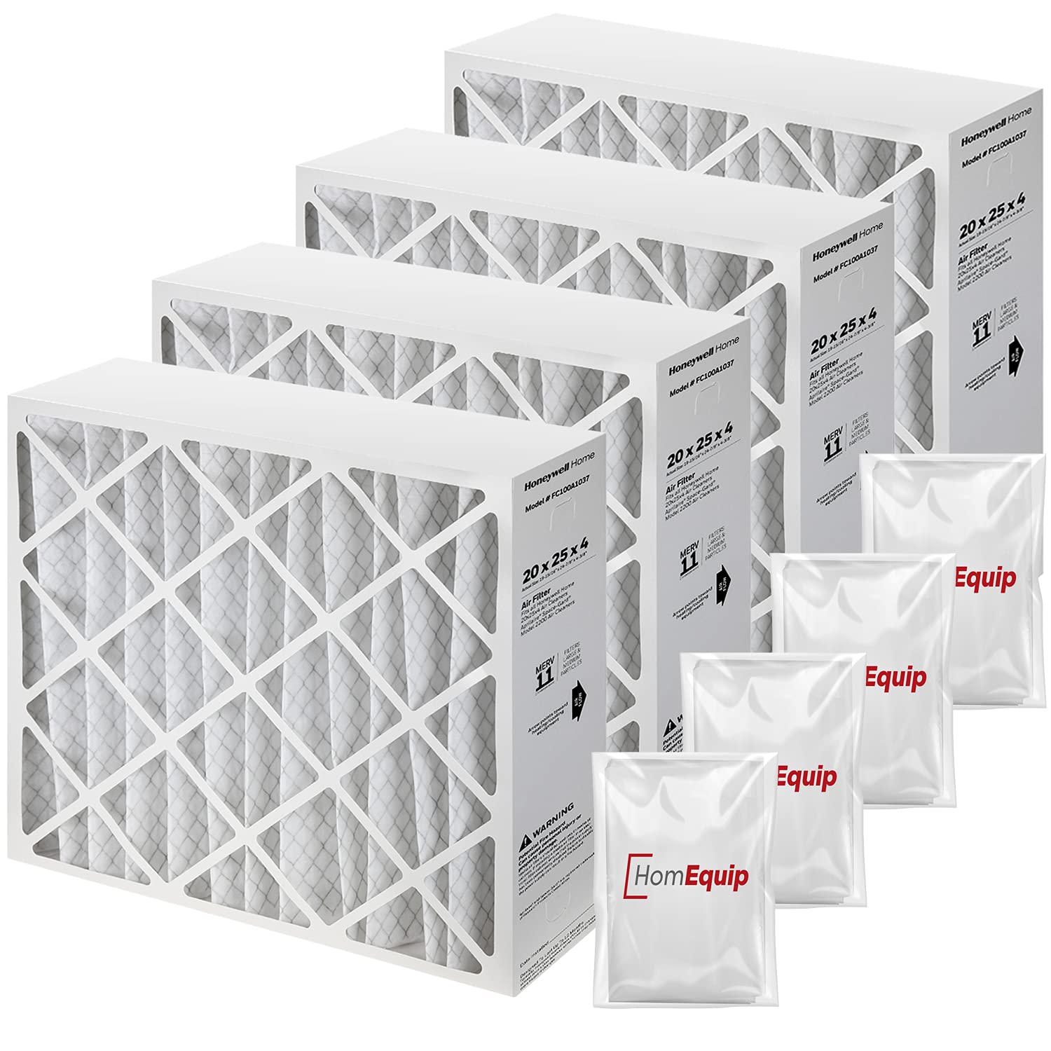 Honeywell FC100A1037 20x25x4 MERV 11 Air Filter 4-Pack - Replacement Furnace & AC Filters (19.94x24.86x4.38 Inches) with Disposable Bags - Ideal for Home HVAC Systems, Allergies & Dust Control