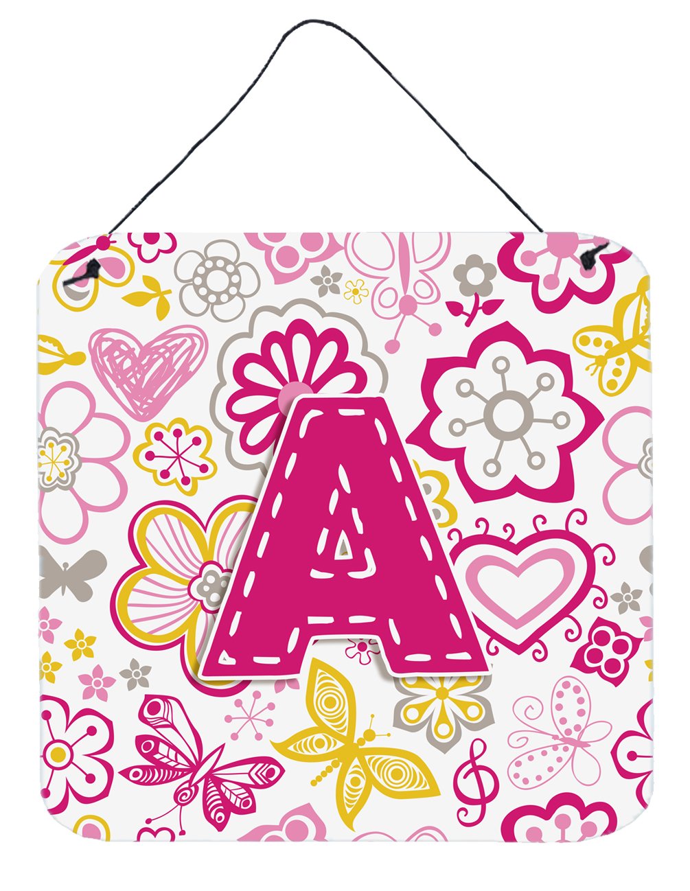 Caroline's Treasures CJ2005-ADS66 Letter A Floral Butterfly Metal Wall Art - 6x6 Inch Pink Aluminum Sign for Kitchen, Bathroom, Bar & Home Decor | Perfect for Nursery, Bedroom or Gift Giving