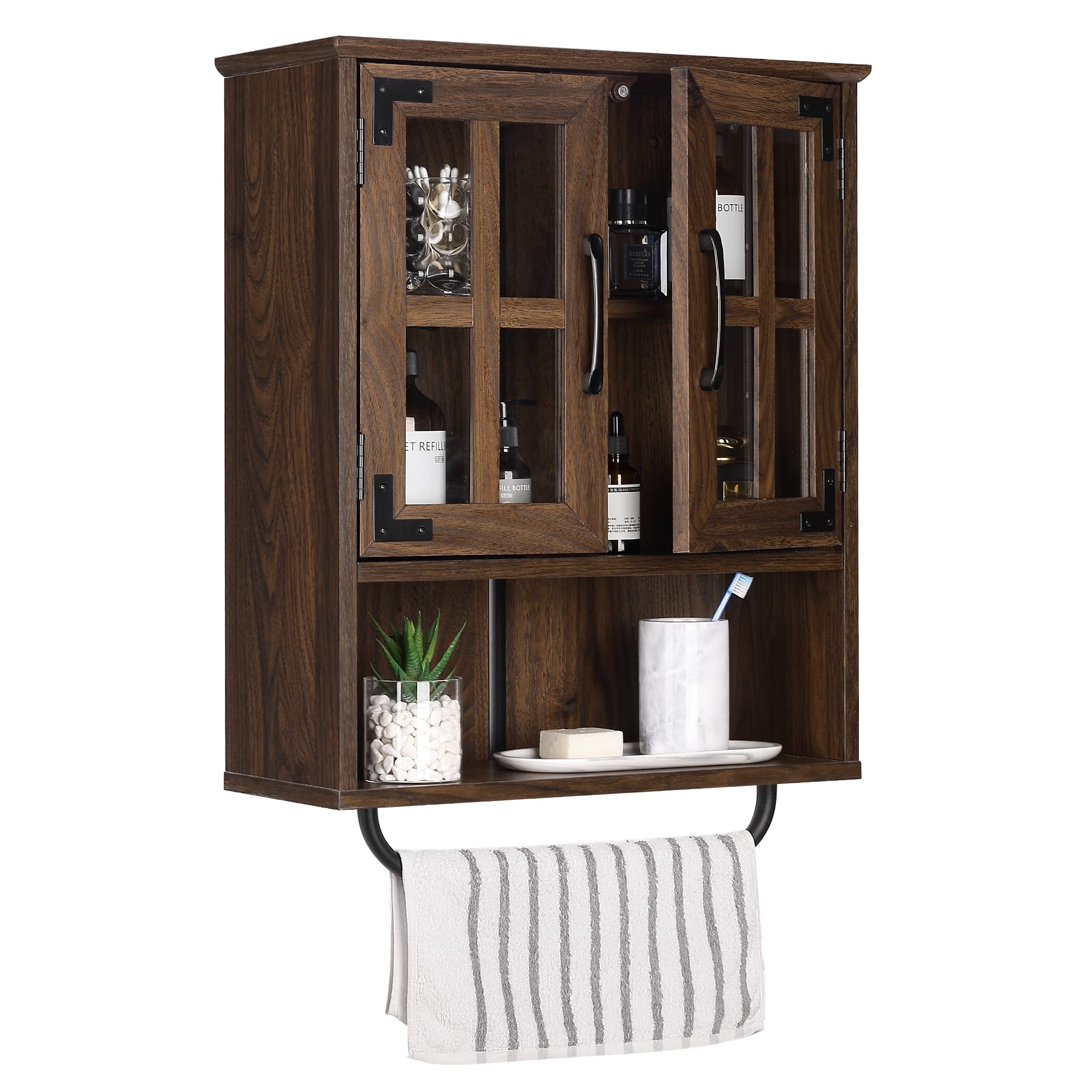 RUSTOWN Wood Wall Storage Cabinet with Cross Glass Doors - Farmhouse Wall Mounted 3 Tier Rustic Cabinet with Adjustable Shelves & Towel Bar - Dark Walnut - Perfect for Bathroom, Living Room, Kitchen & Entryway Organization