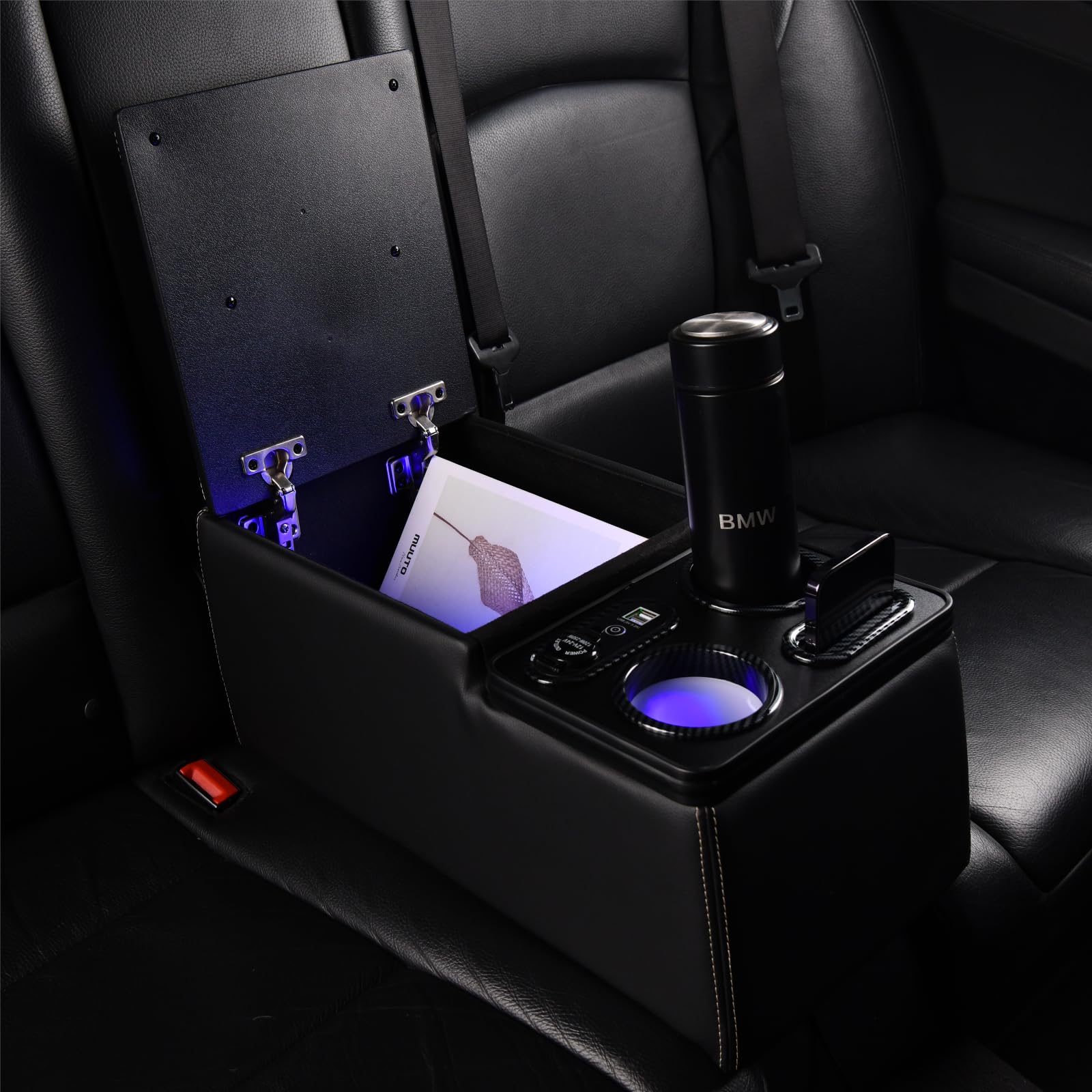 Universal Car Center Console Organizer - Rear Bench Seat Storage with Cup Holders & Phone Holder, Black Automotive Armrest Box for Cars, SUVs & Trucks - Perfect for Road Trips, Family Travel & Daily Commute