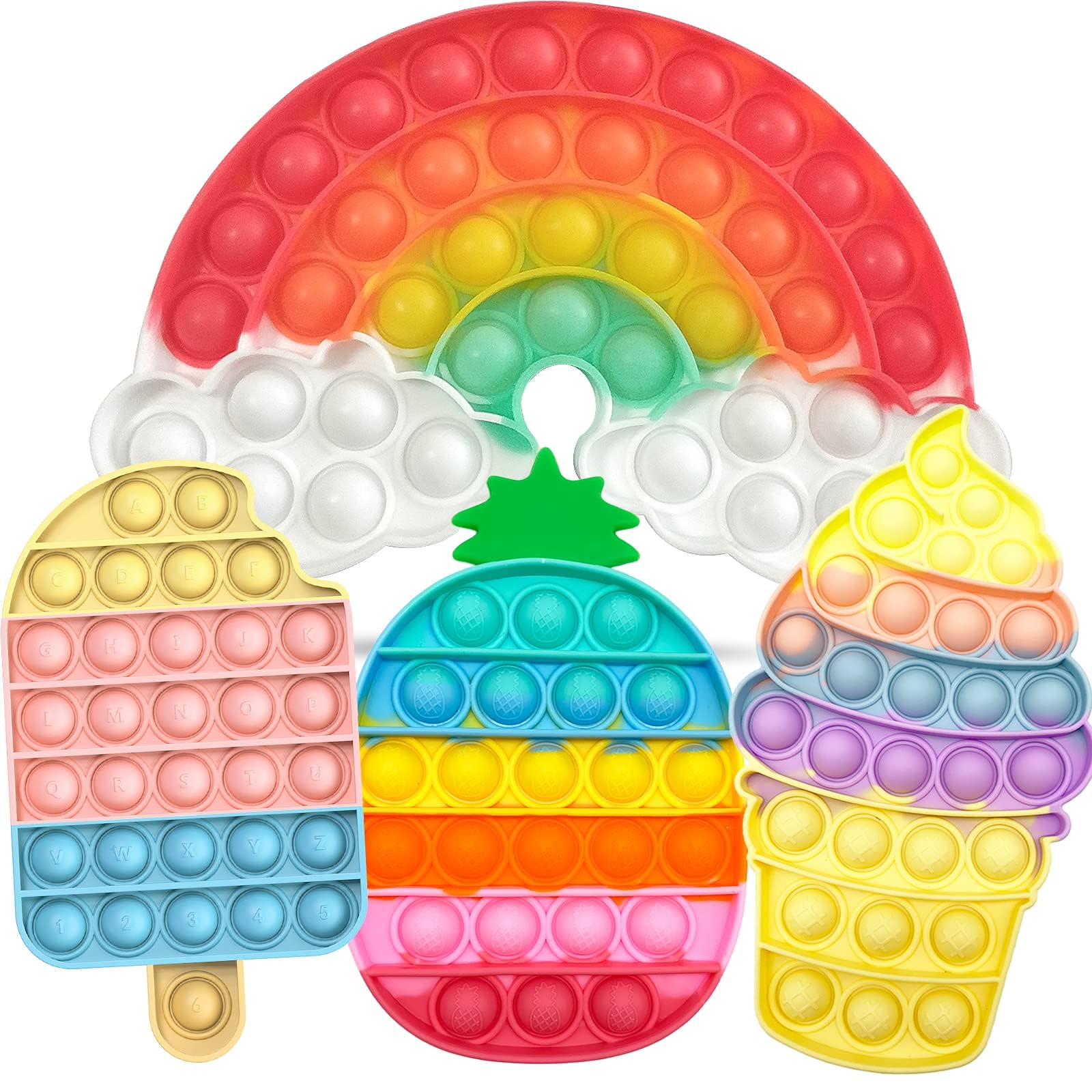 4 Pack Rainbow Push Bubble Fidget Sensory Toys for Kids - Ice Cream & Pineapple Squeeze Stress Relief Toys for ADHD, Autism, Anxiety - Perfect for Classroom, Travel & Calming Gifts for Girls & Boys
