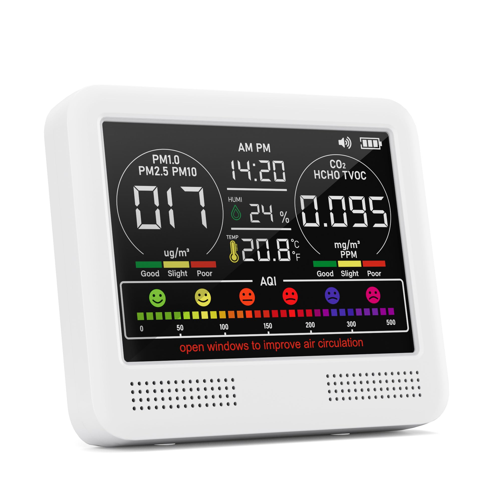 16-in-1 Indoor Air Quality Monitor - PM1/PM2.5/PM10/CO2/HCHO/TVOC/AQI/Temp/Humidity Detector with Alarm - Portable & Accurate Air Tester for Home, Office, School & Baby Room