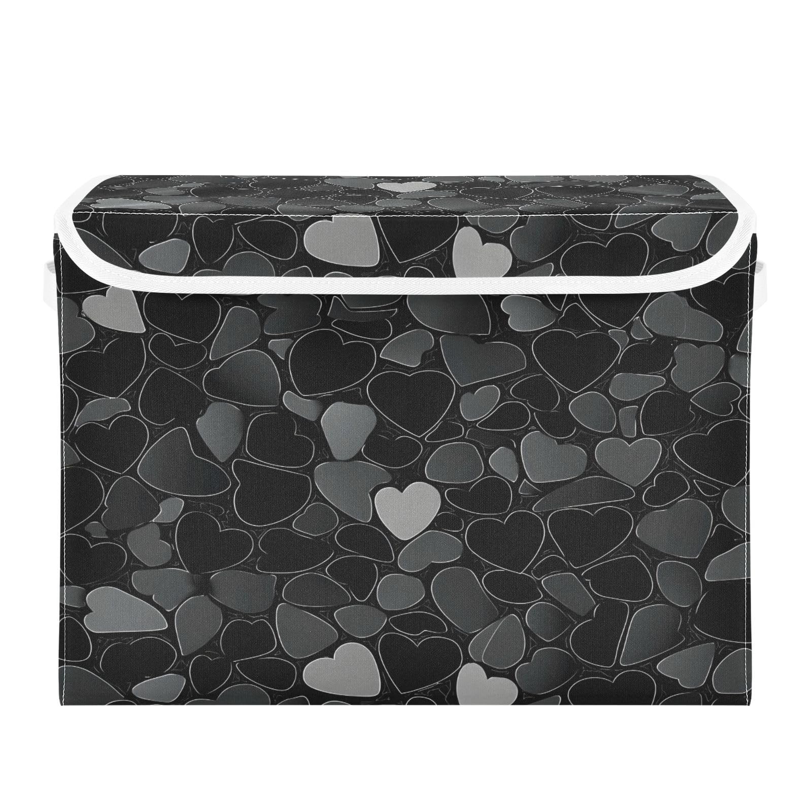 Valentine's Day Storage Baskets - Collapsible Fabric Bins with Lids, Black & Gray Heart Pattern Organizing Boxes for Clothes, Toys & Home Organization | Perfect for Bedroom, Closet & Laundry Room Storage