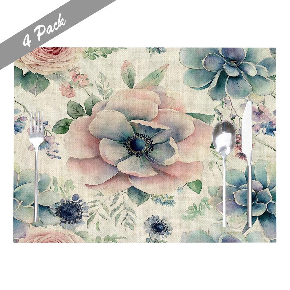 Blue Flower Placemats Set of 4 - 18x12 Inch Washable Table Mats for Kitchen Dining, Decor, Parties & Everyday Use