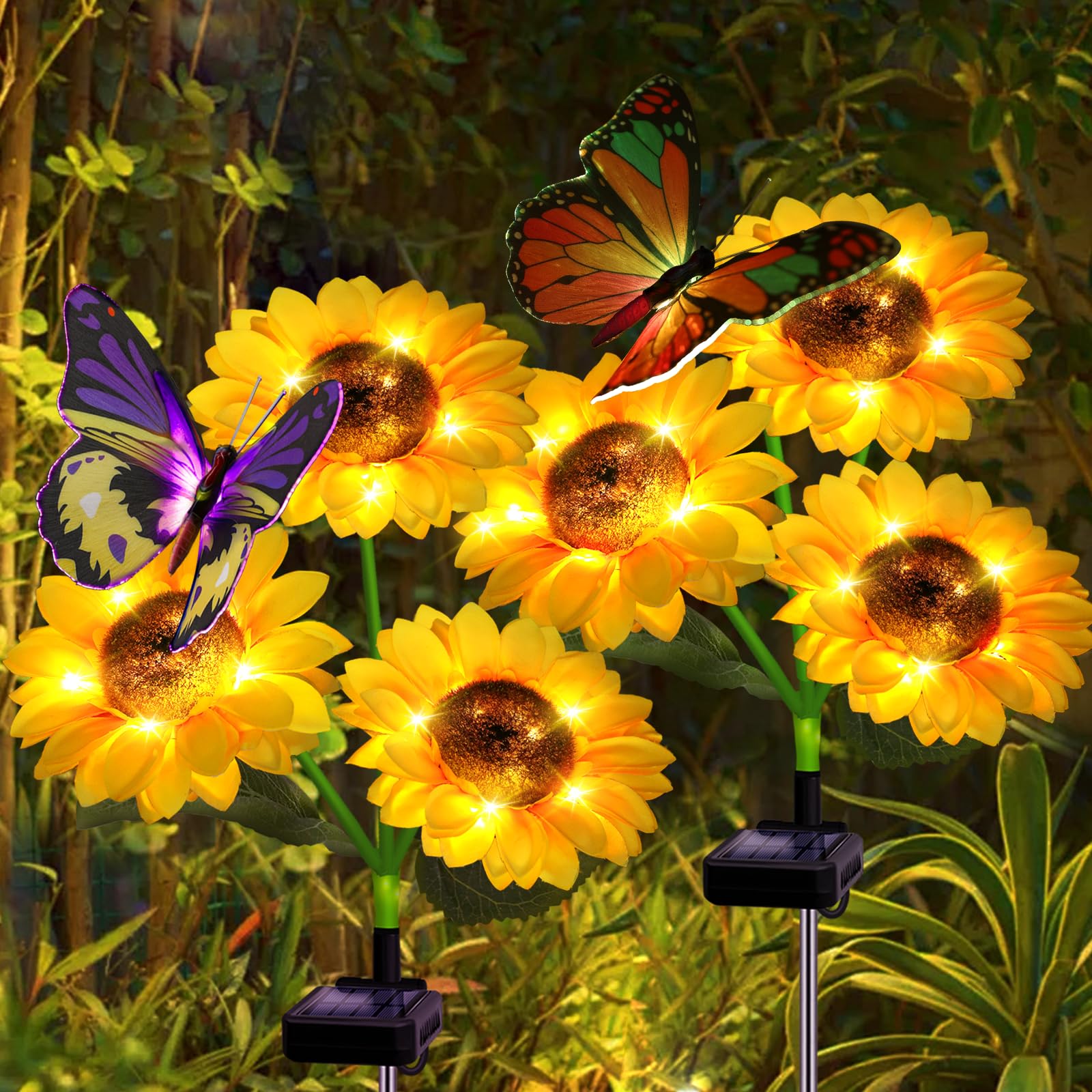 Solar Sunflower Lights Outdoor - 2 Pack Waterproof Garden Decor with Butterfly, LED Stake Lights for Yard, Patio, Lawn & Pathway - Perfect Gift for Mom & Grandma - Illuminate Your Garden at Night