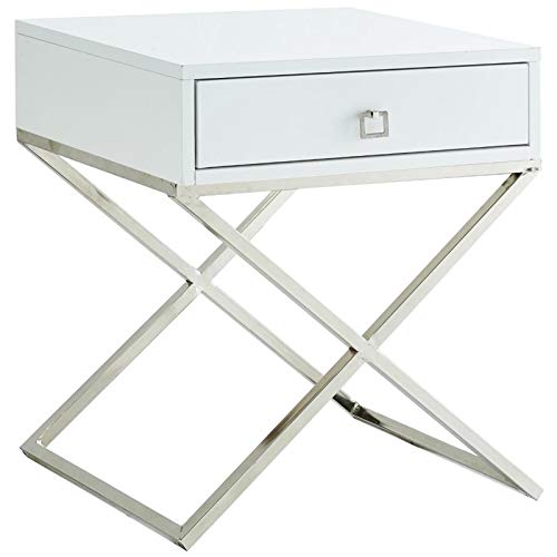 Brianna White & Gold Nightstand with X-Metal Legs - 1 Drawer Bedside Table for Bedroom, Living Room, or Office Storage