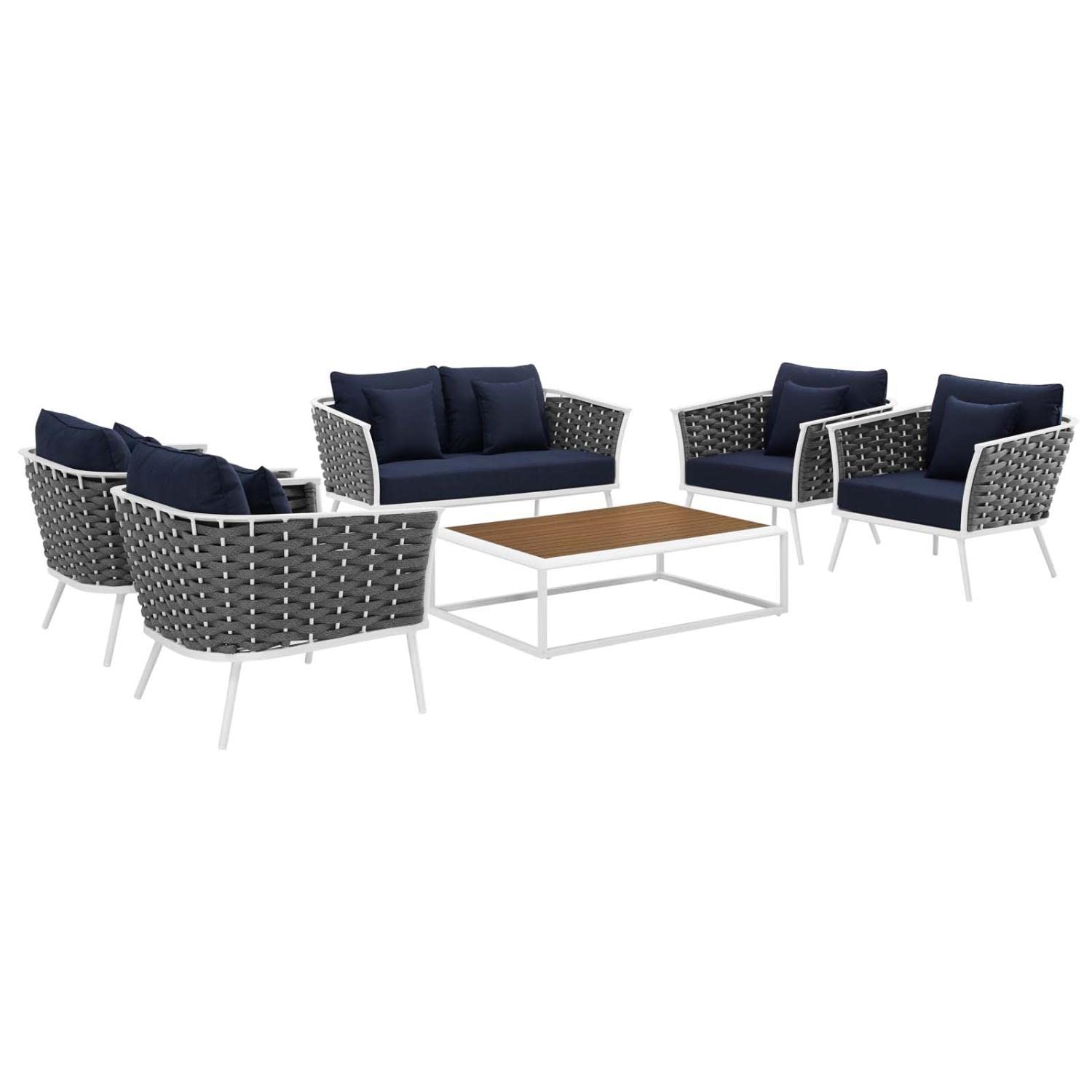 Modway Stance 6-Piece Outdoor Patio Sectional Sofa Set - Aluminum Frame, White & Navy Cushions - Perfect for Backyard, Poolside & Garden Relaxation