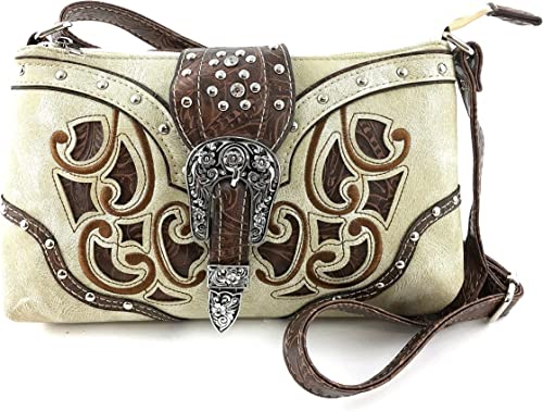 Justin West Rhinestone Studded Leather Crossbody Bag for Women - Concealed Carry Purse with Tooled Design & Buckle Closure - Perfect for Everyday Use, Travel, and Night Out