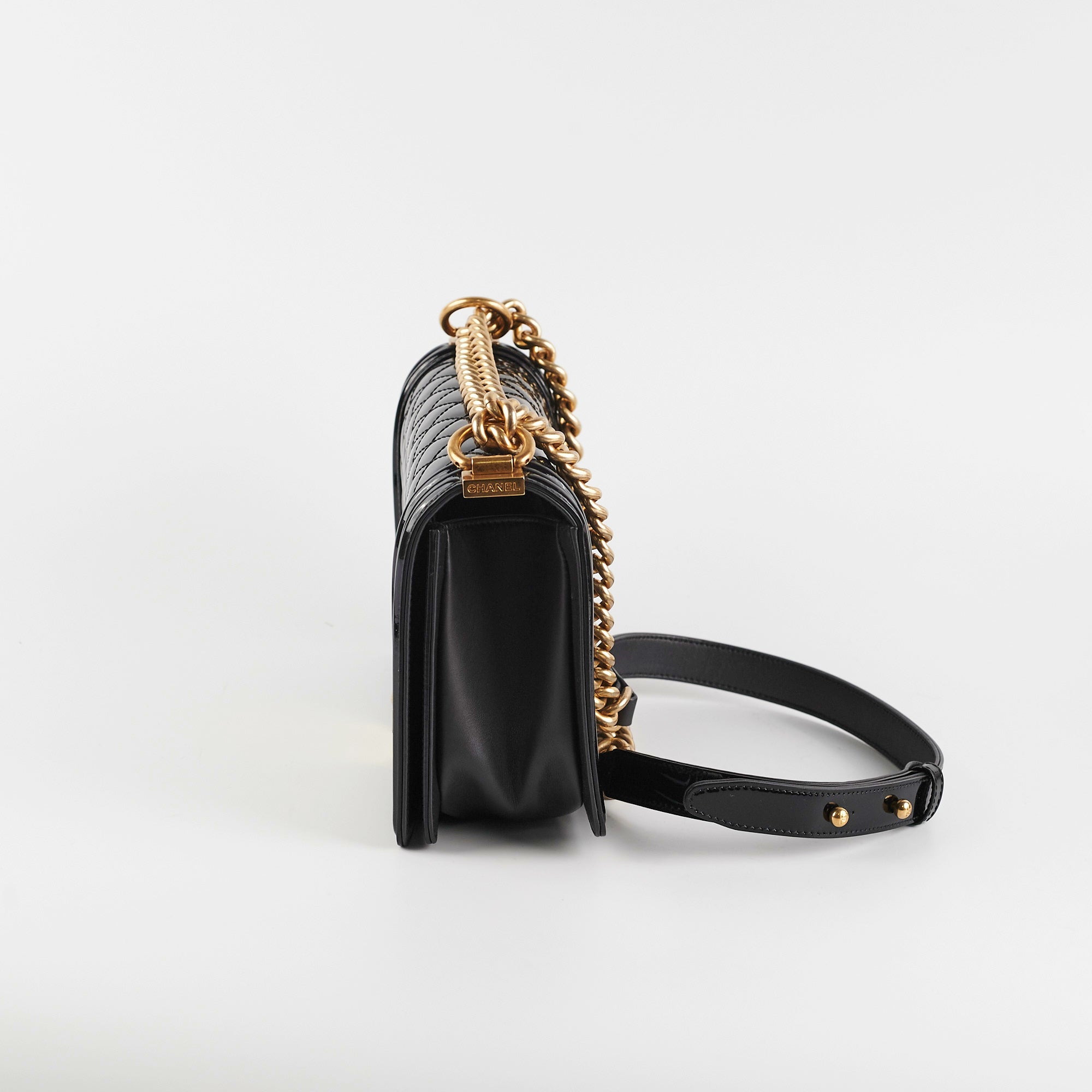 Chanel Old Medium Boy Bag Patent Leather Black - Luxury Designer Handbag for Women, Perfect for Evening Parties & Special Occasions