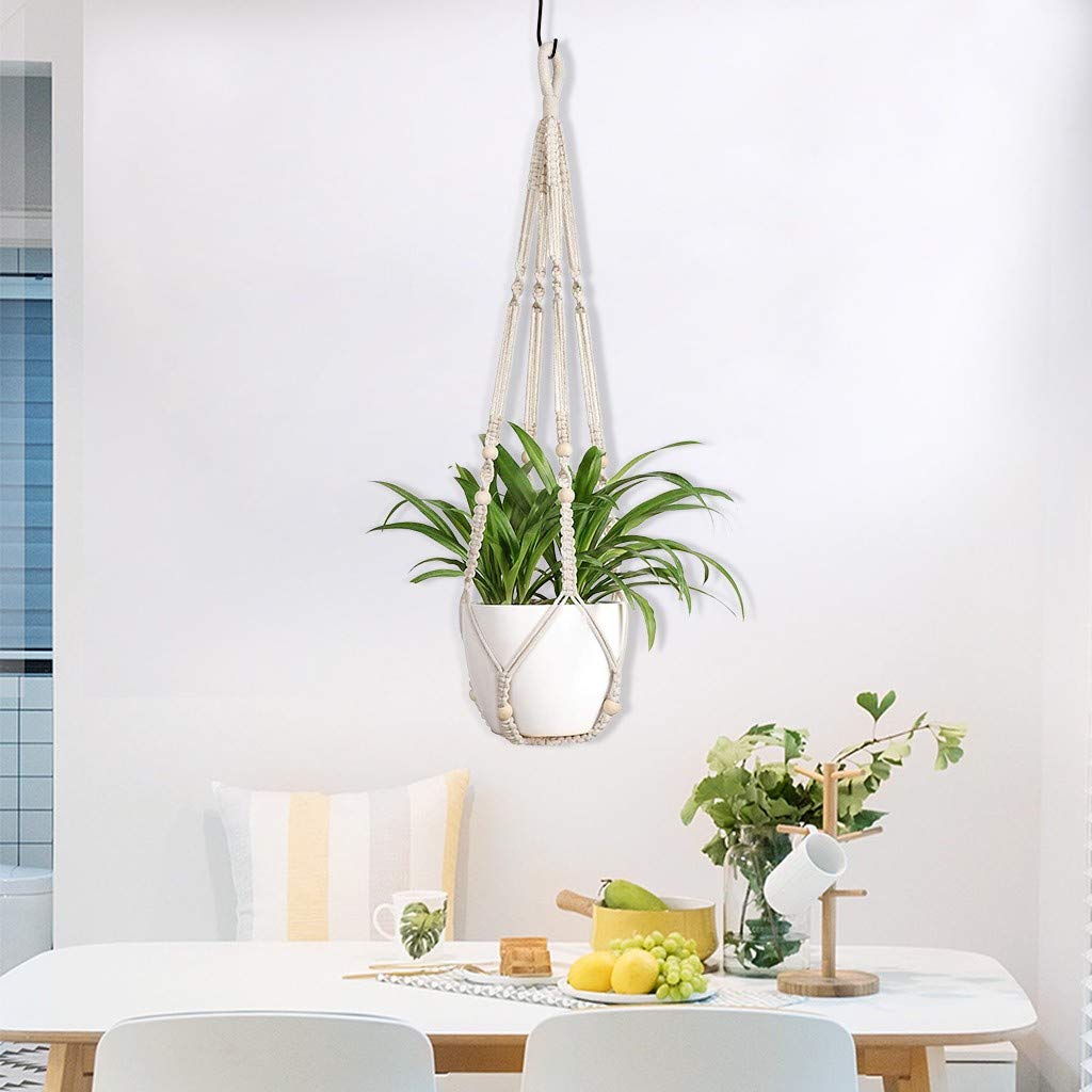 European Style Indoor Hanging Planters - Cotton Rope Wall Mounted Flower Pot Basket with Wood Beads - Boho Home Decor for Living Room, Bedroom, Balcony (Beige)