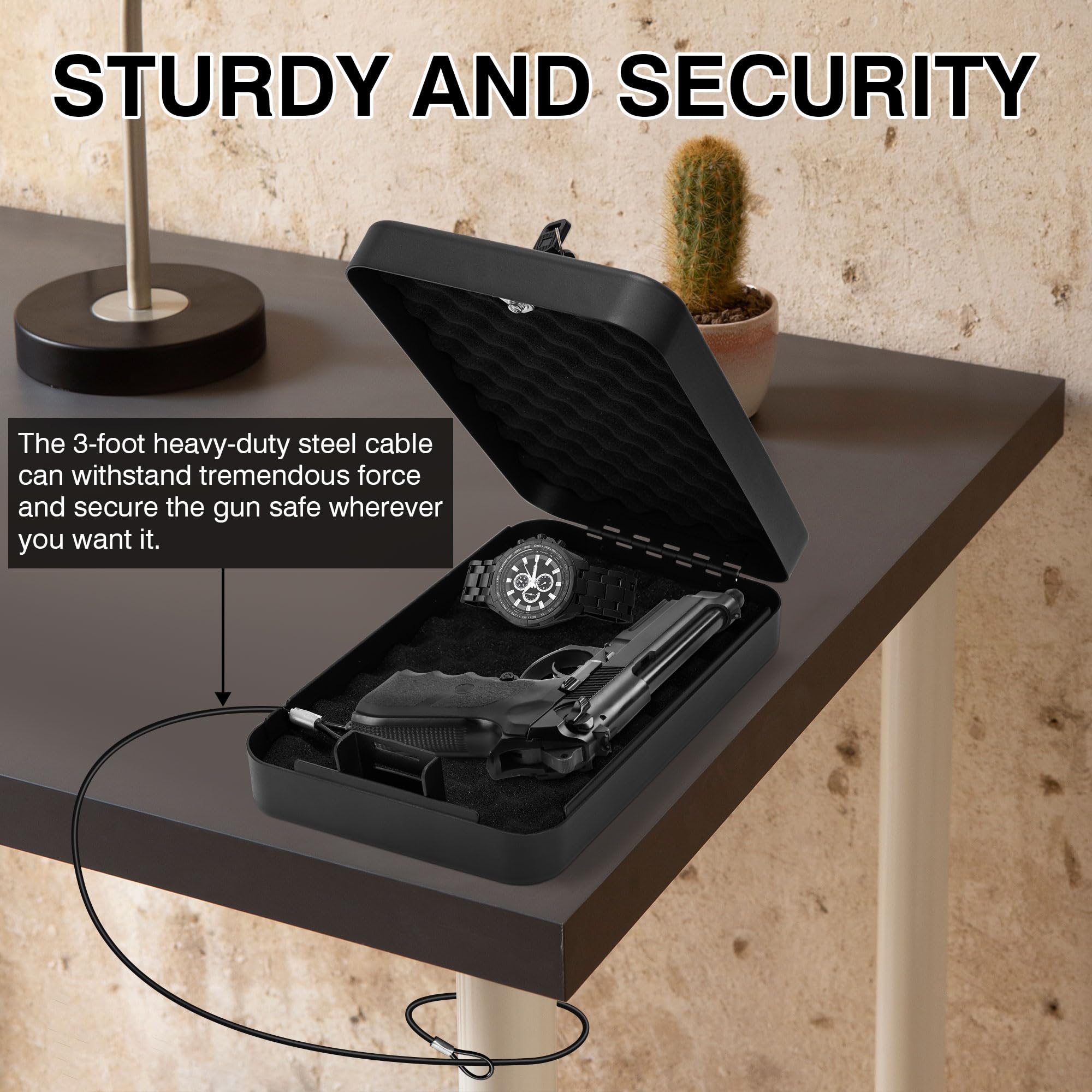 Secure Handgun Safe with Key Lock - Compact 9.4x6.6x1.8 Inch Portable Pistol Safe for Car, Home & Travel - Gun Storage Solution for Vehicle, Nightstand & Personal Protection - Black