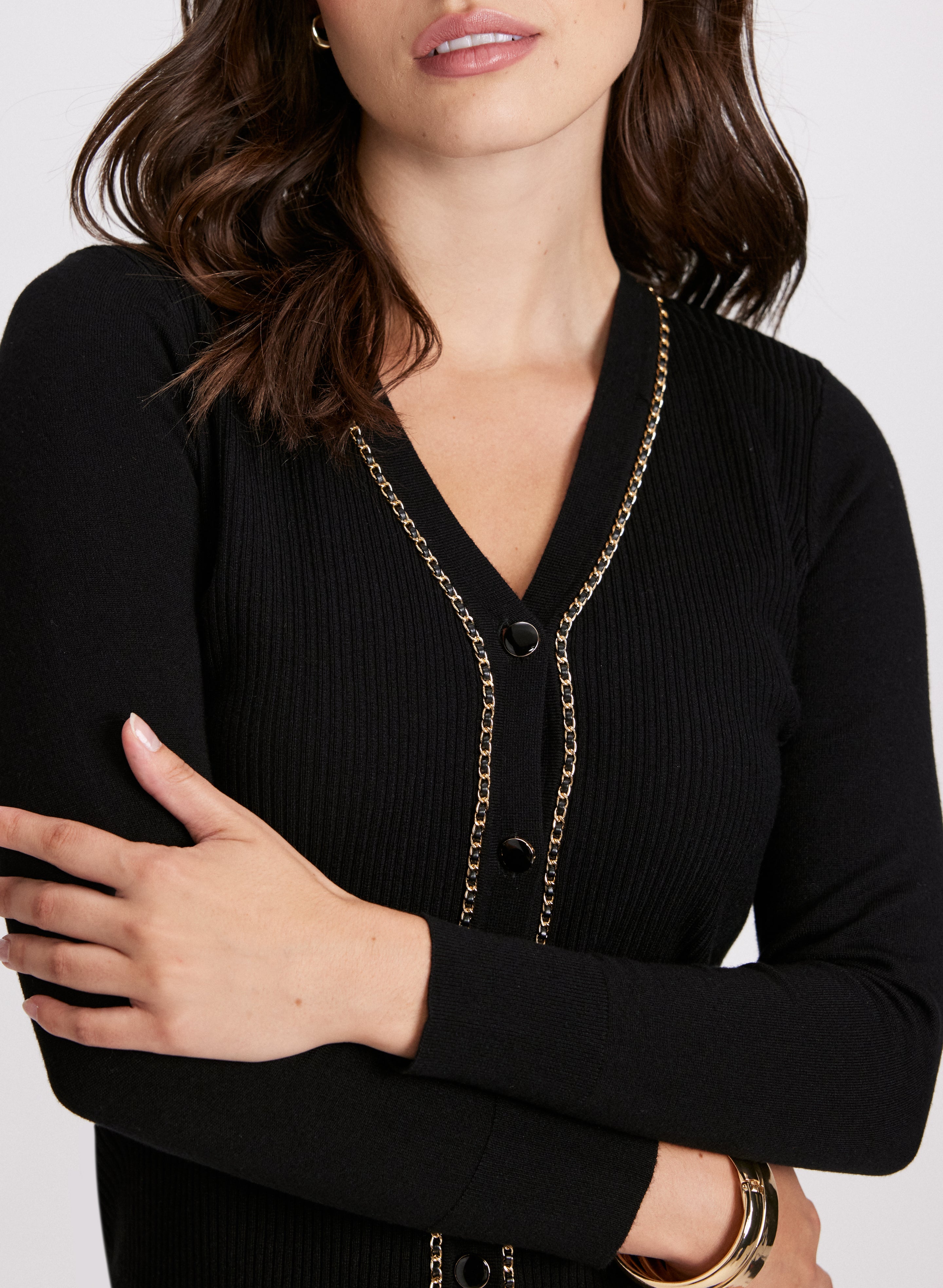 Stylish Chain Detail Cardigan for Women - Trendy Open Front Knit Sweater - Perfect for Casual Outfits, Office Wear & Layering in Fall & Winter