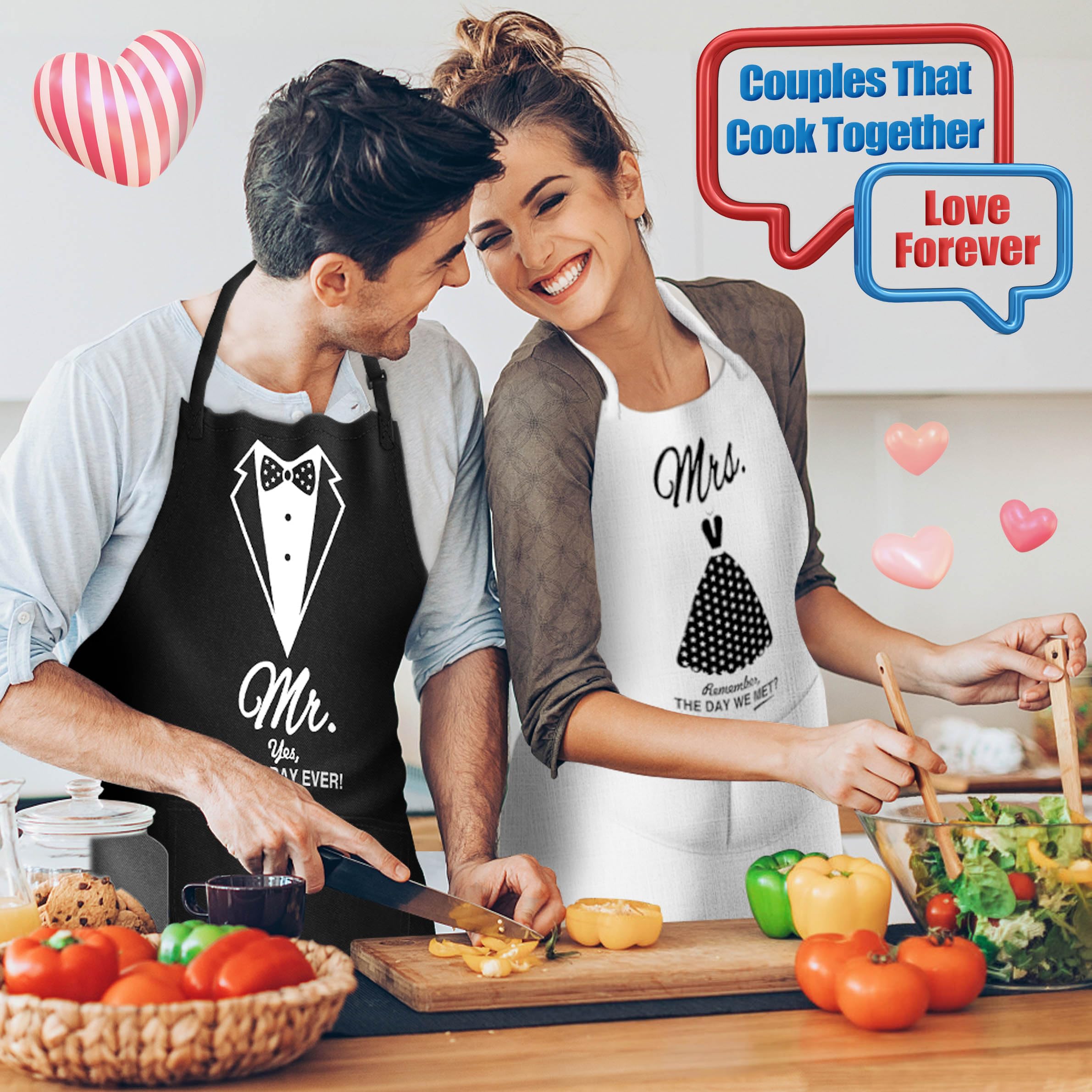 Mr and Mrs Aprons Set - 2 Pack Couples Apron Gift for Wedding, Engagement, Anniversary & Christmas - Perfect Bridal Shower Gift for Newlyweds - Ideal for Cooking Together & Romantic Date Nights