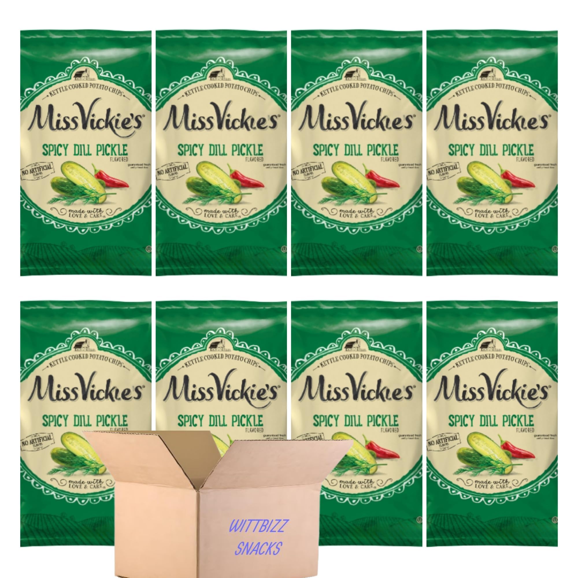 Wittbizz Snacks Ms. Vickys Kettle Cooked Spicy Dill Pickle Chips - 1.37oz (8 Packs) - Crunchy Snack for Parties, Movie Nights & On-the-Go