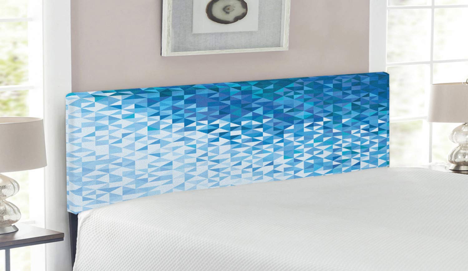 Ambesonne Modern Queen Size Headboard - Geometric Mosaic Digital Print with Vivid Ombre Colors, Upholstered Metal Bed Frame with Memory Foam in Dark Blue & White - Perfect for Contemporary Bedroom Decor